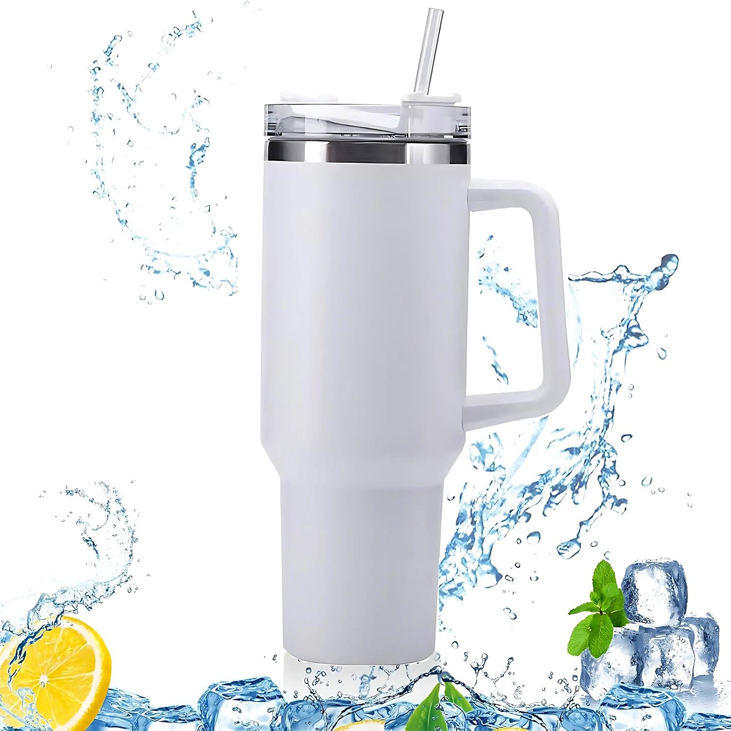 Insulated Stainless Steel Travel Tumbler – 890 ML White with Handle - Image 4