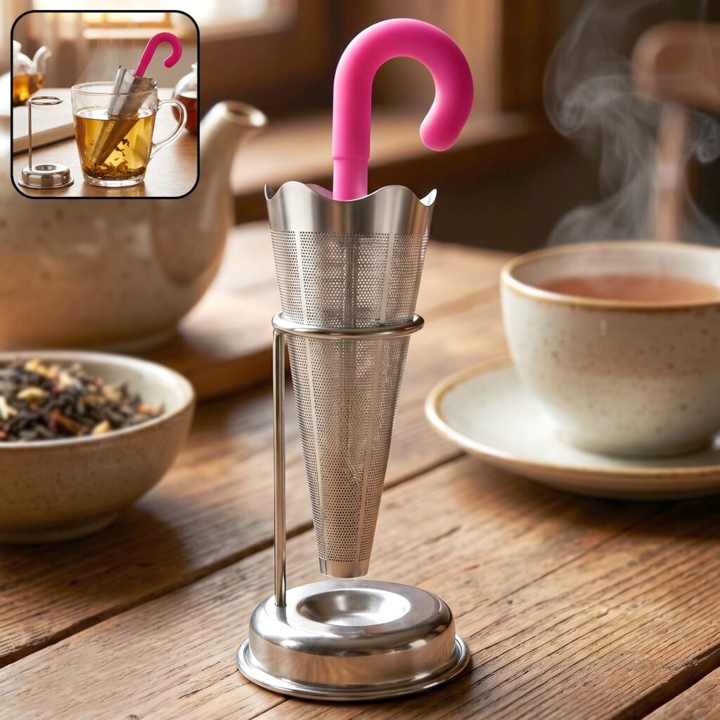 Stainless Steel Tea Strainer - Umbrella Design & Drip Tray | Siplix