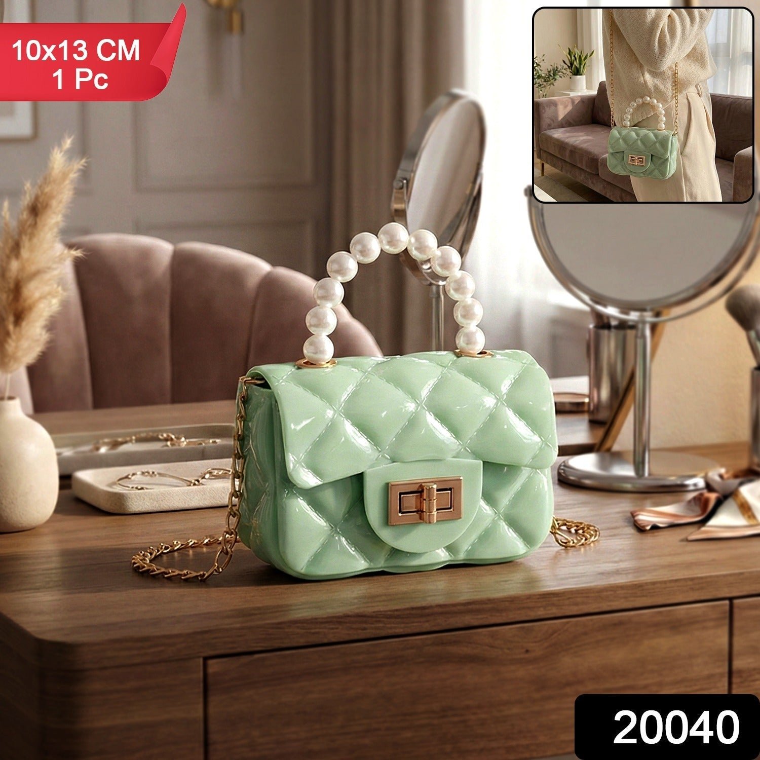 Quilted Mini Handbag – Elegant Pearl Handle & Chain Strap - Image 2