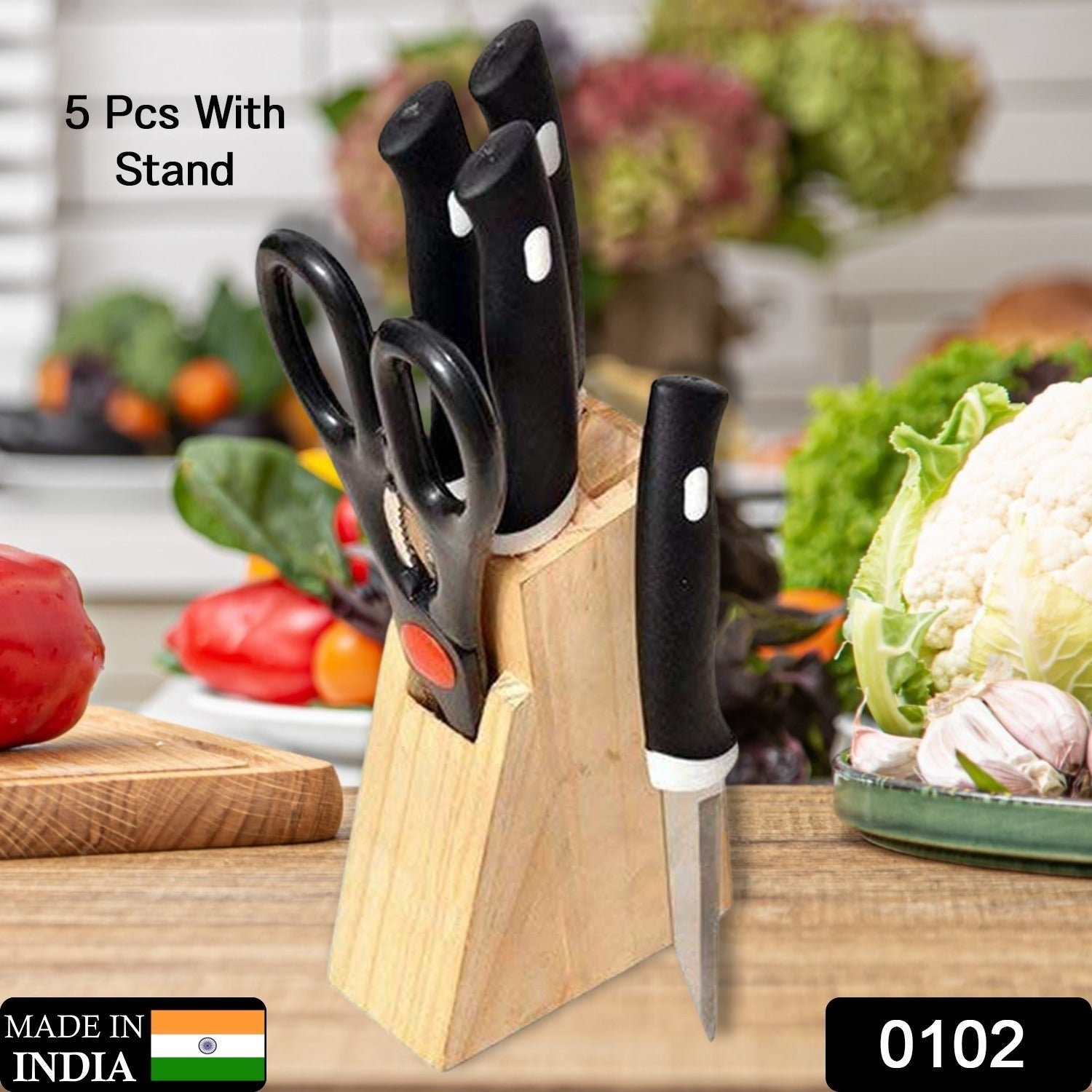 Kitchen Knife Set – 5-Piece Black Set with Wooden Block & Scissors - Image 2