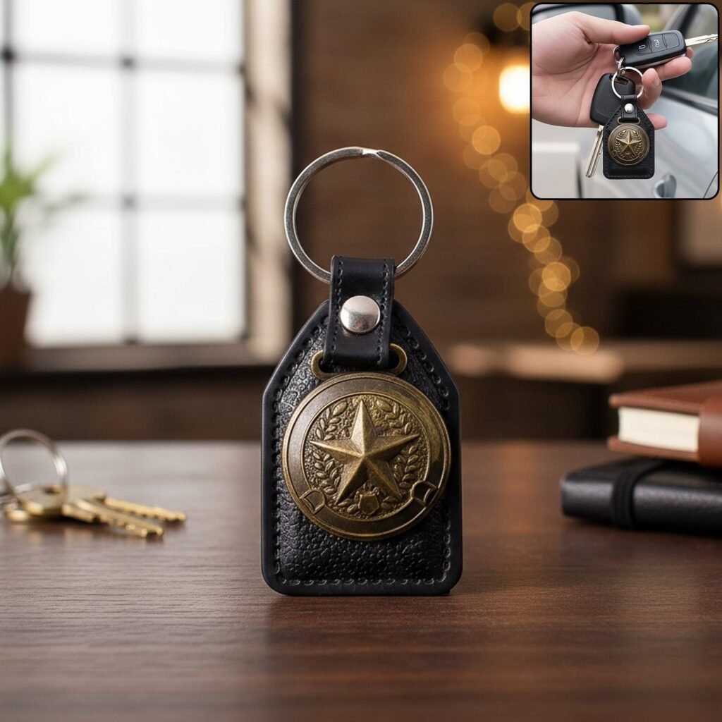Leather Finish Metal Star Emblem Keychain – Durable & Stylish
