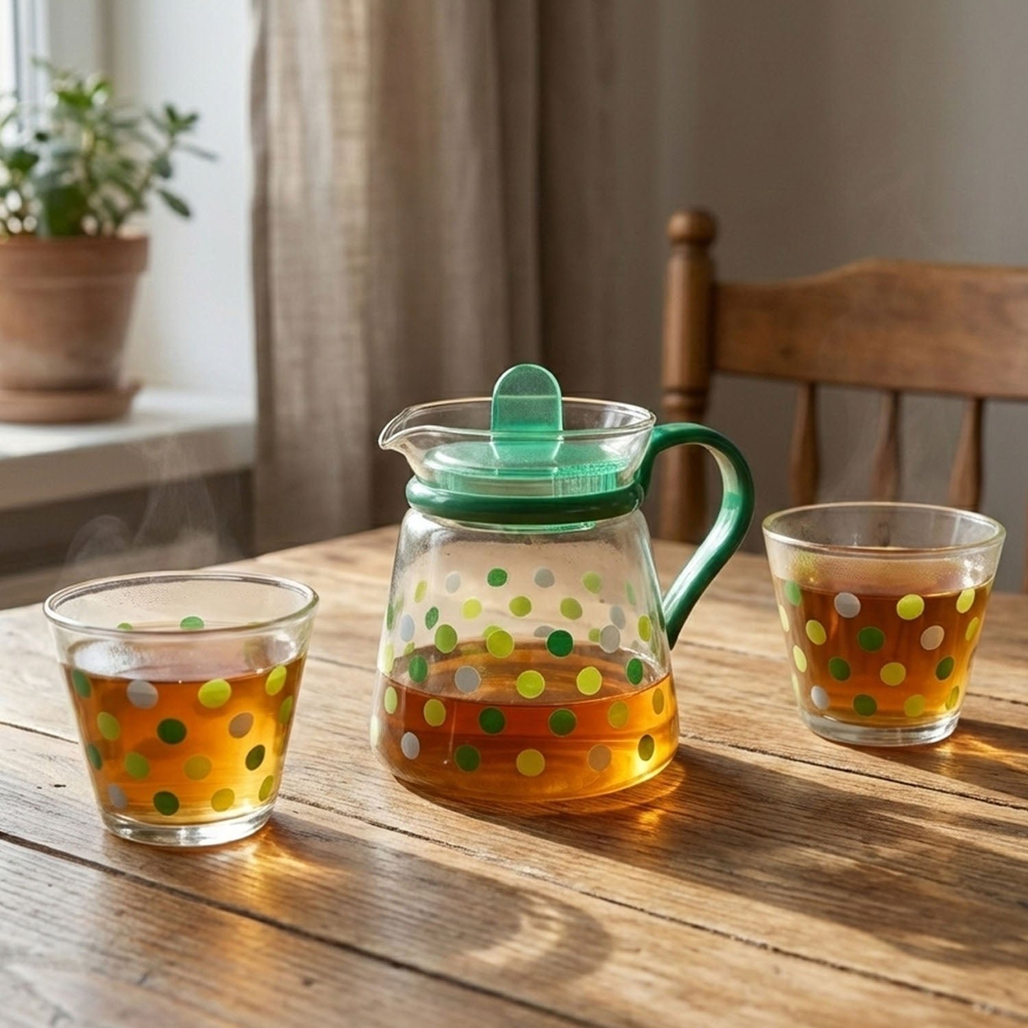 Glass Tea Pot Set – Elegant Polka Dot Design with Matching Cups - Image 3