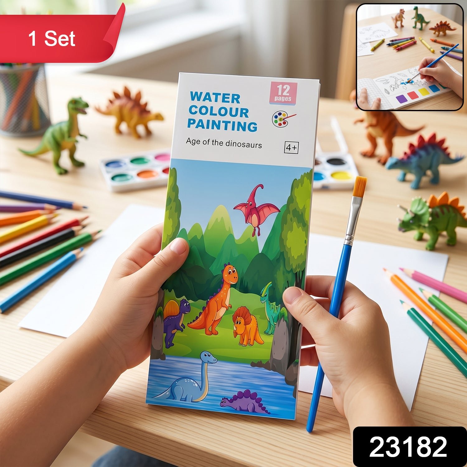 Kids Watercolour Painting Book – Dinosaur Theme & Brushes for Creativity - Image 2