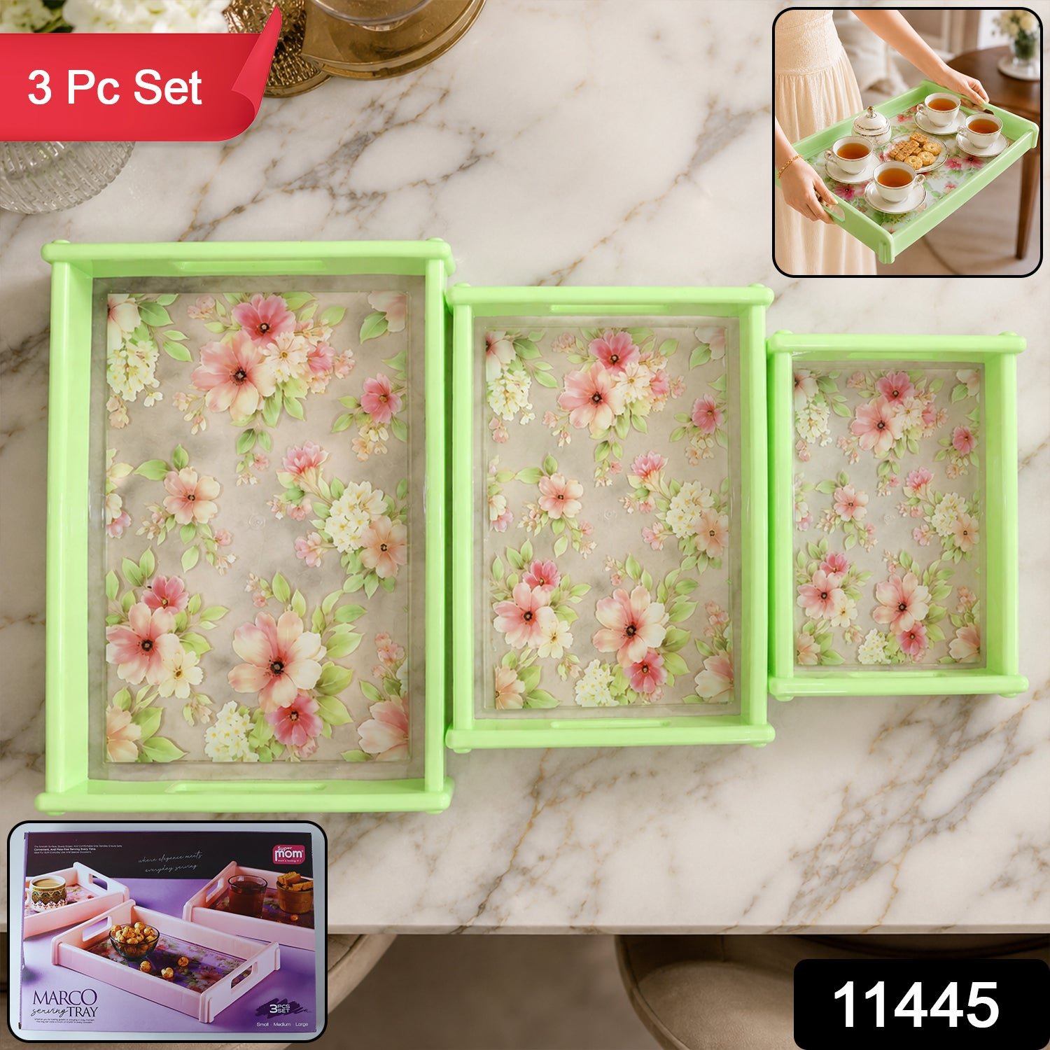 Serving Tray Set – Elegant Floral Design with Side Handles - Image 2