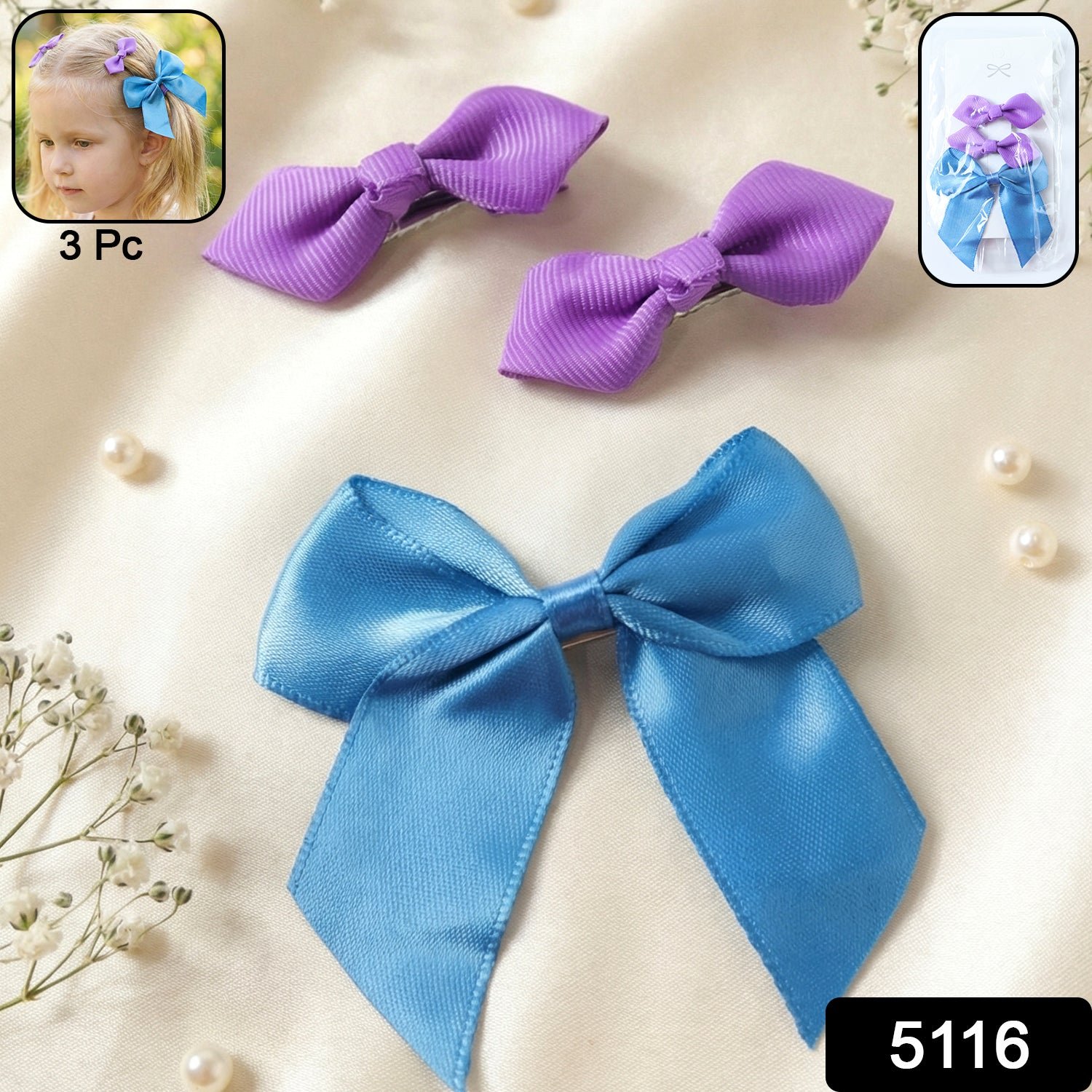 Satin Ribbon Bow Hair Clips – Elegant 3 Pc Girls' Set - Image 2