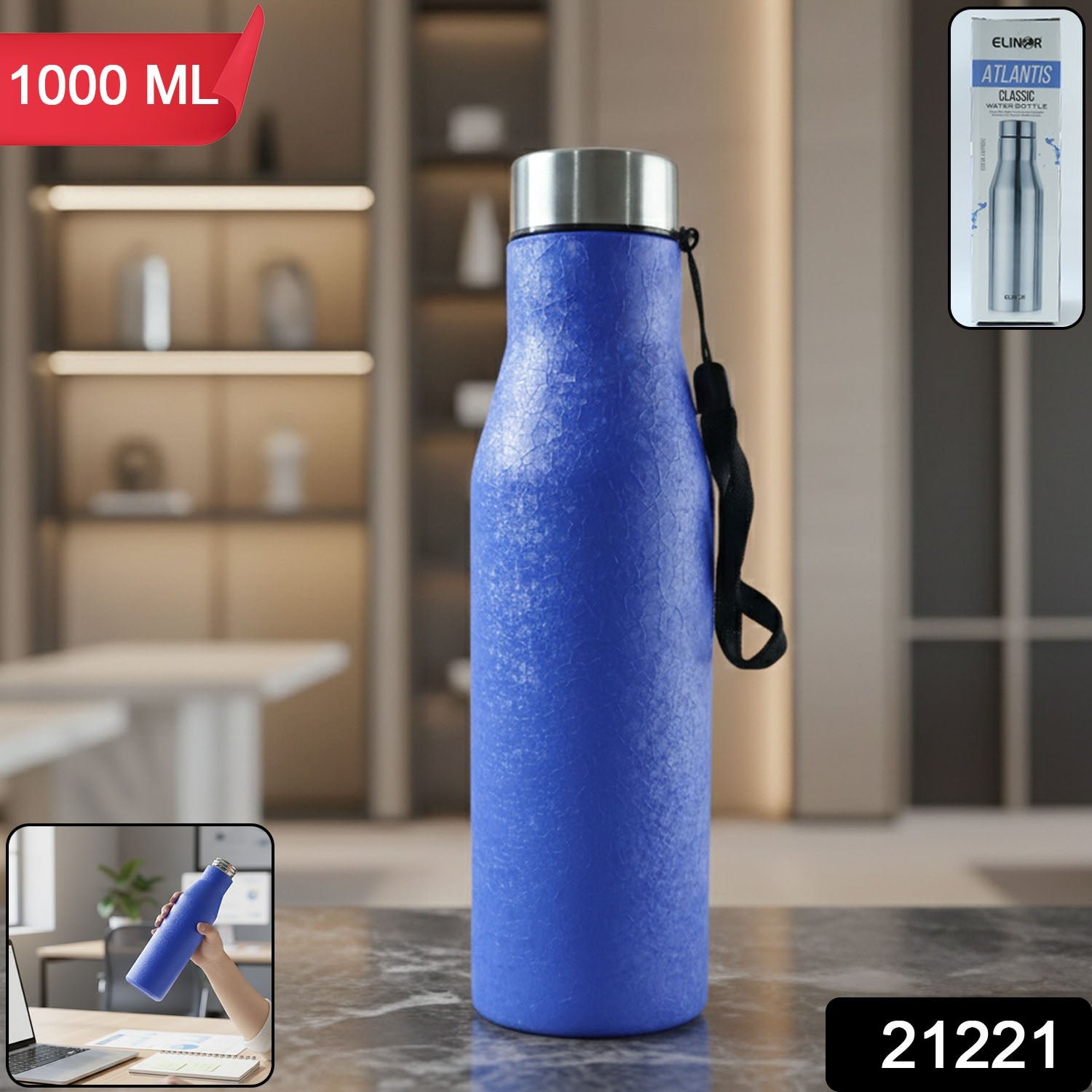 Stainless Steel Water Bottle 1000ML – Leakproof with Carry Strap - Image 2