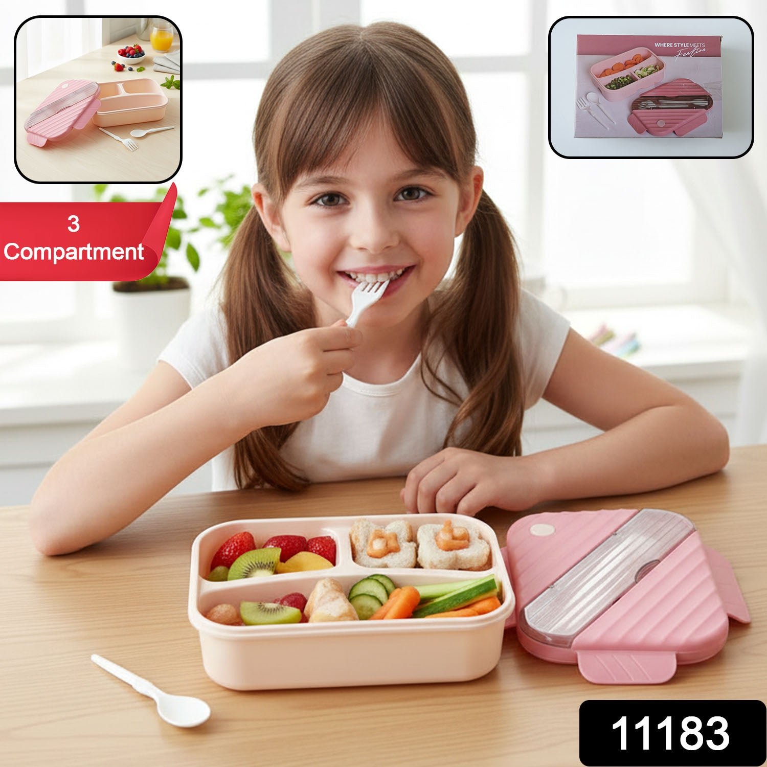 Plastic 3 Compartment Lunch Box for Kids, Organized & Portable - Image 2
