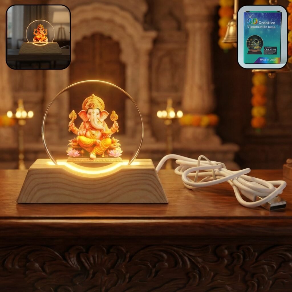 3D Lord Ganesha Acrylic LED Night Lamp – Warm Golden Glow