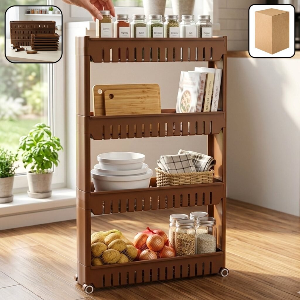 Multipurpose Plastic Storage Rack – 4 Layer with Wheels for Home