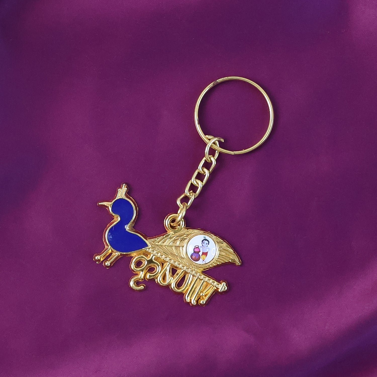 Krishna Peacock Metal Keychain – Elegant Gold-Tone Spiritual Gift - Image 4