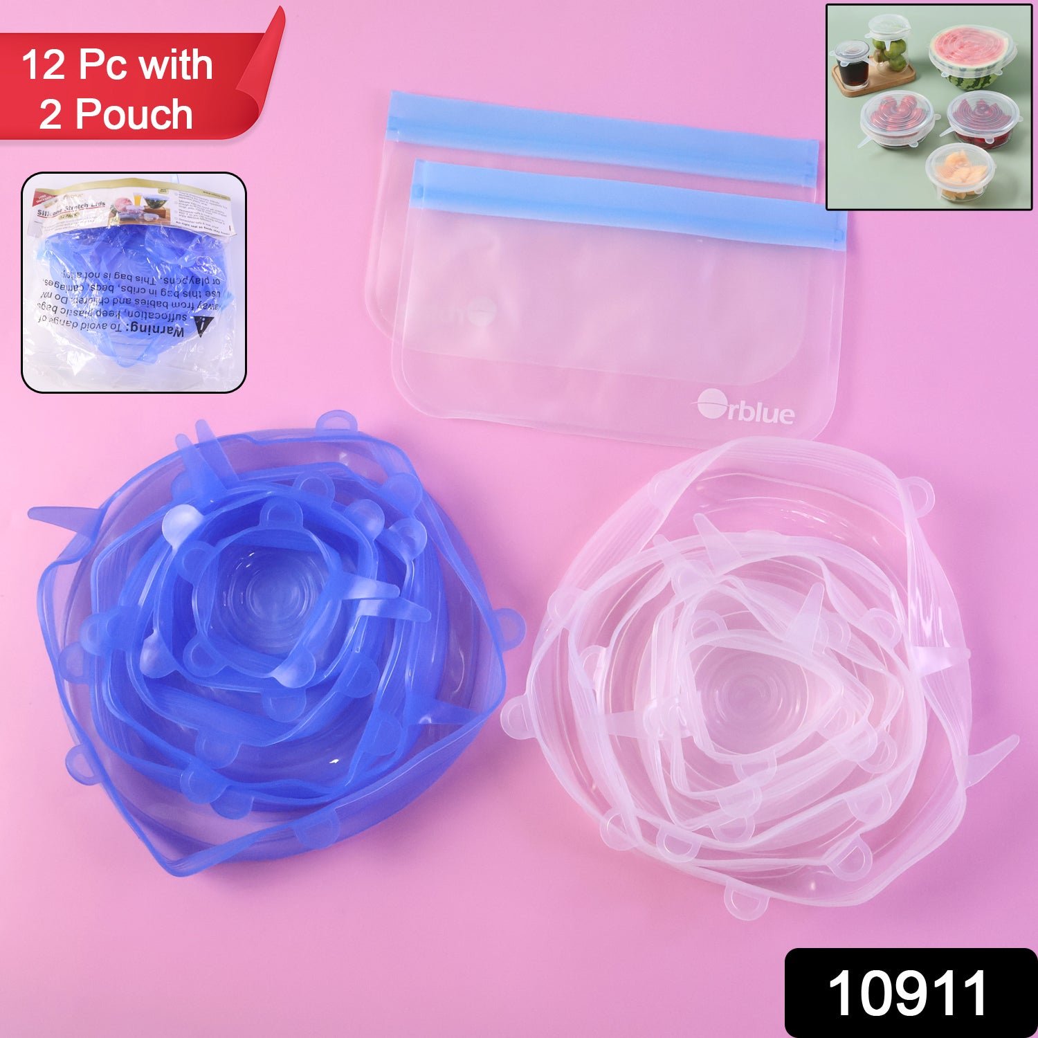 Silicone Stretch Lids – 12-Piece Reusable Food Covers with Storage Pouches - Image 2