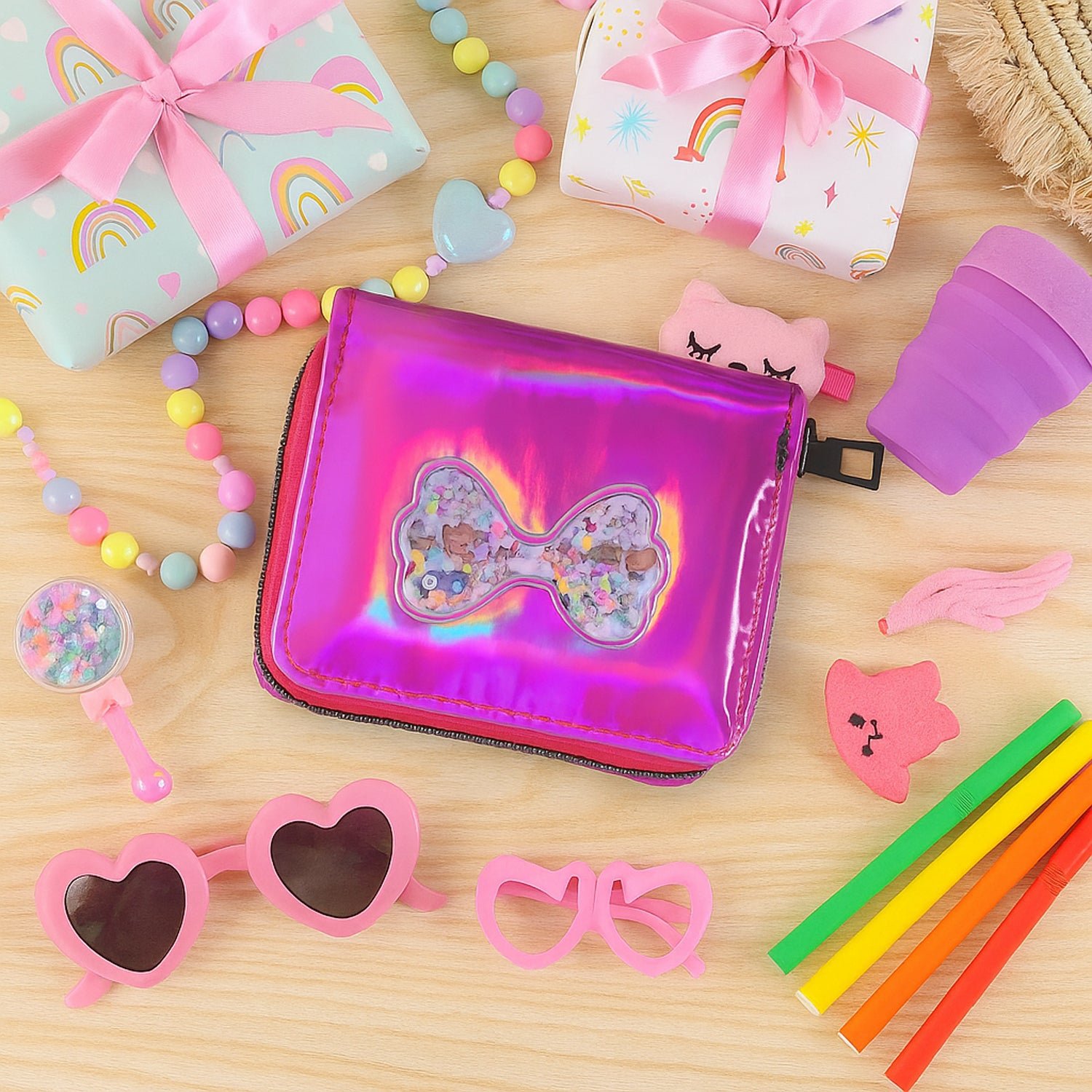 Kids Wallet – Vibrant Holographic Zip Closure with Glitter Bow - Image 3