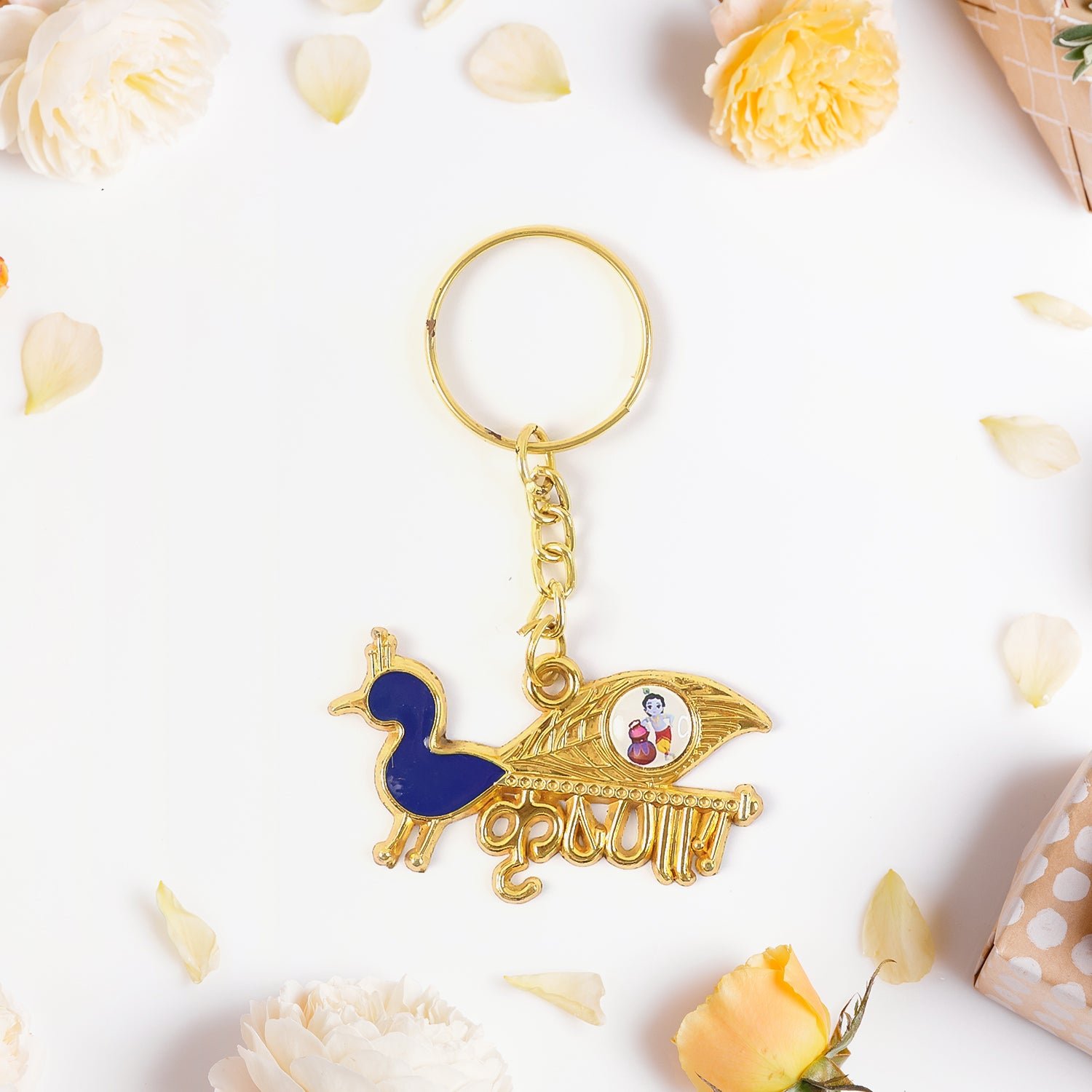 Krishna Peacock Metal Keychain – Elegant Gold-Tone Spiritual Gift - Image 3