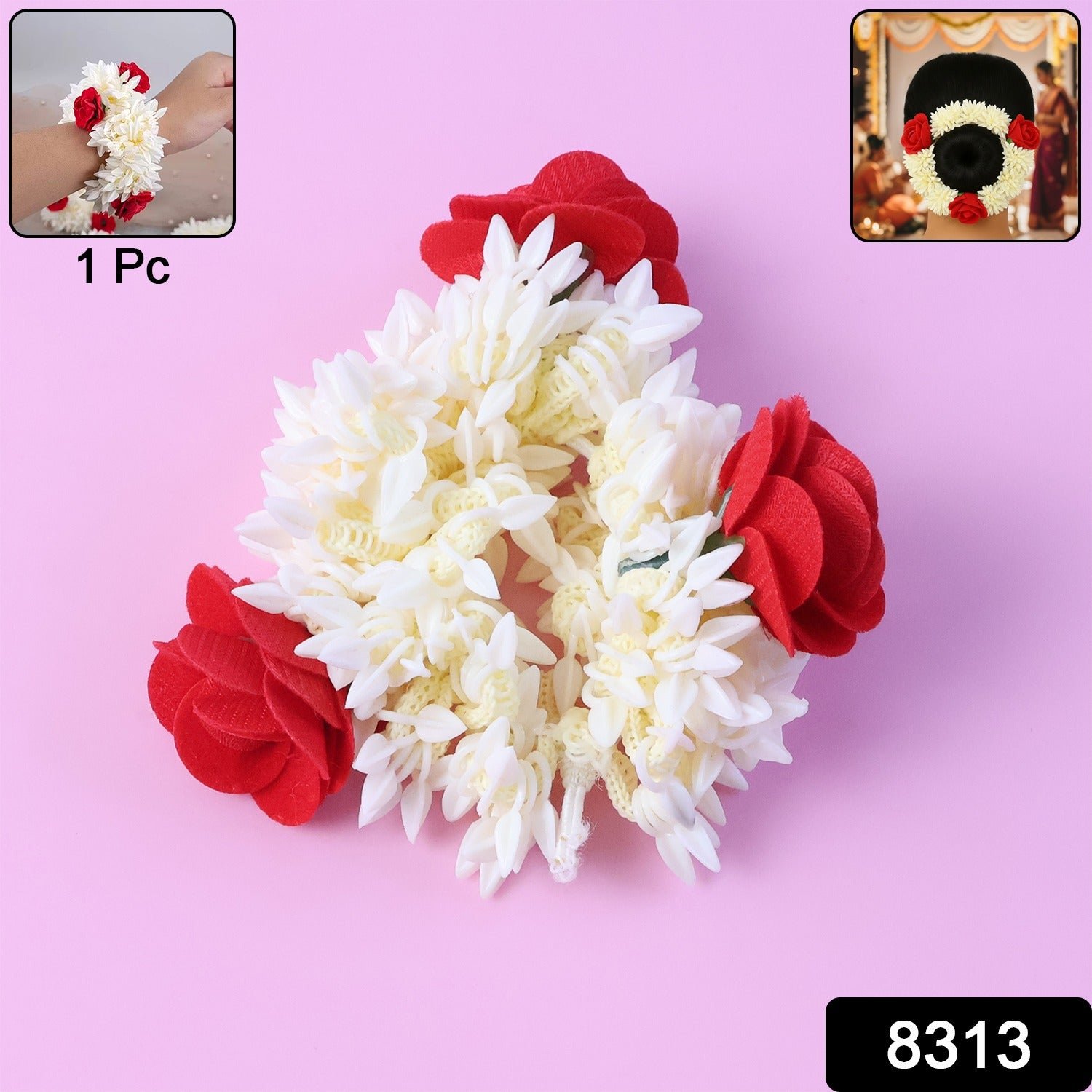 Artificial Flower Gajra – Traditional Red Rose & Jasmine Hair Accessory - Image 2