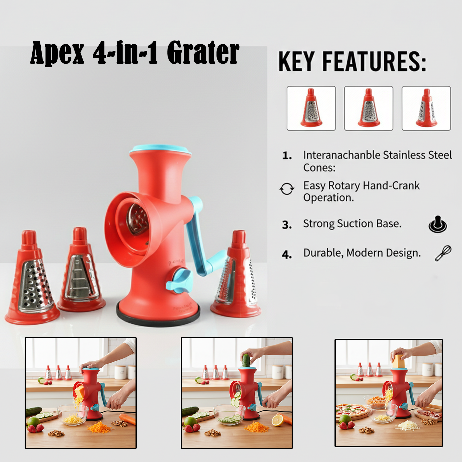 Manual Rotary Grater – 4 in 1 Interchangeable Blades for Easy Grating - Image 4