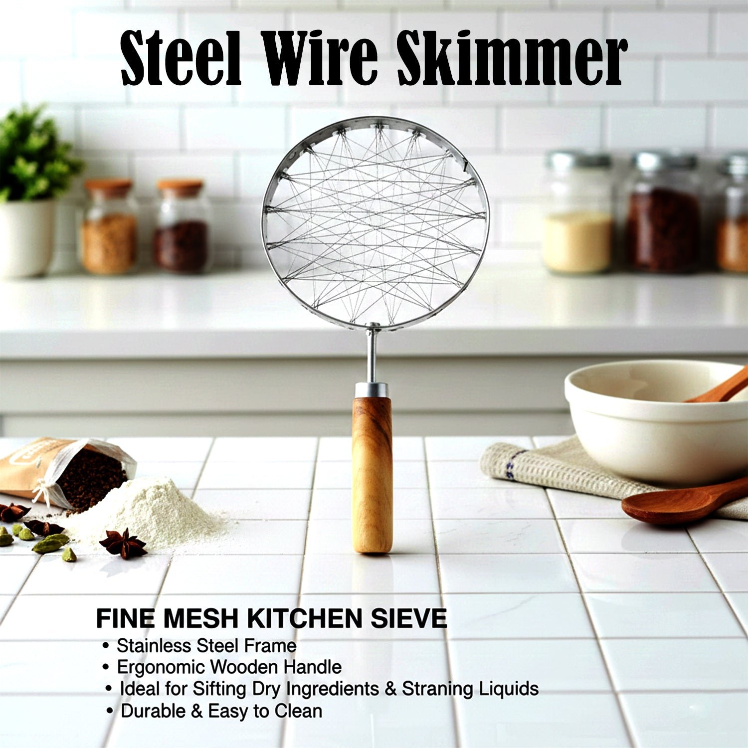 Stainless Steel Wire Skimmer – Heat-Resistant Wooden Handle - Image 4