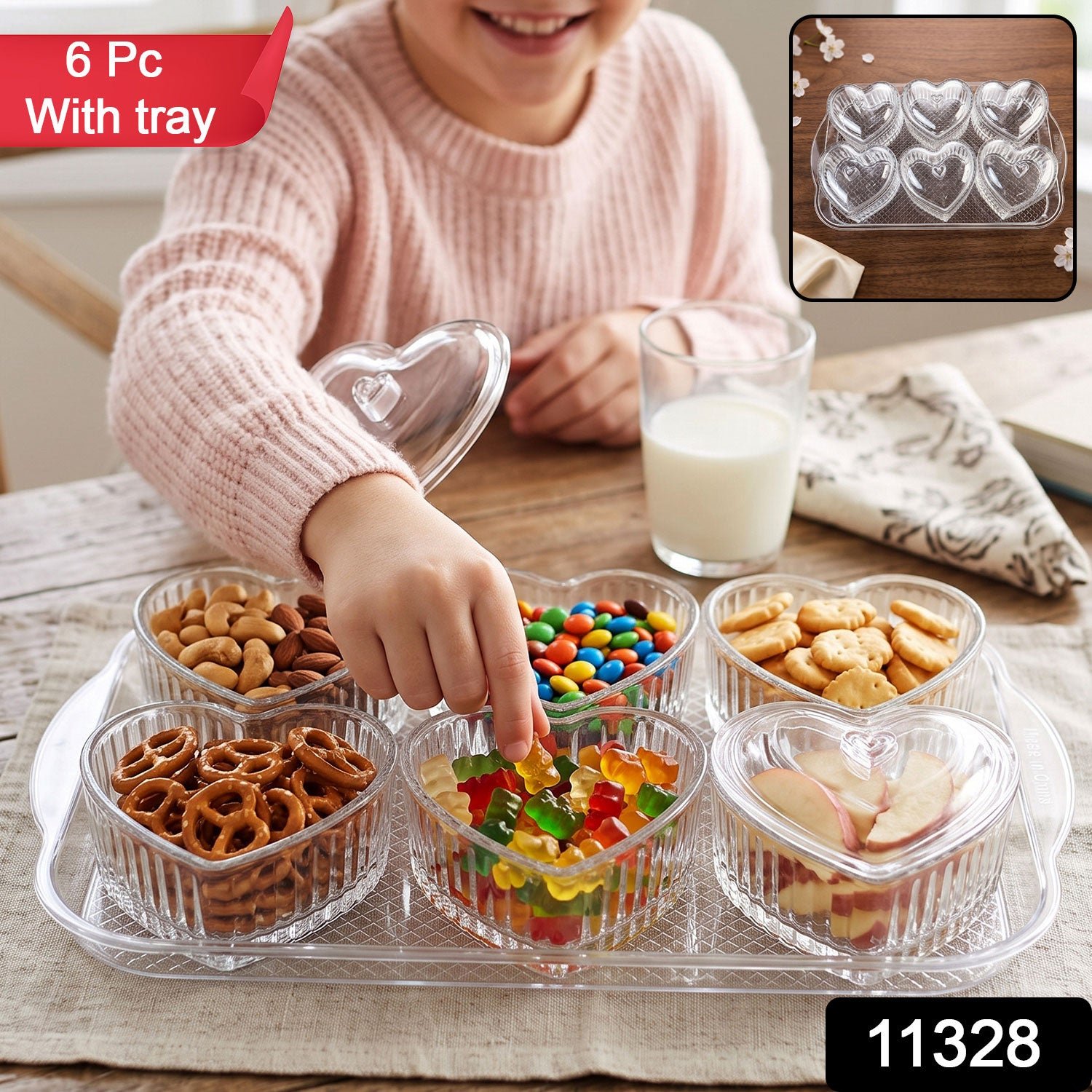 Heart Shape Dessert Bowl Set 6 Pc with Tray and Lids Serving Bowls (6 Pc Set) - Image 2