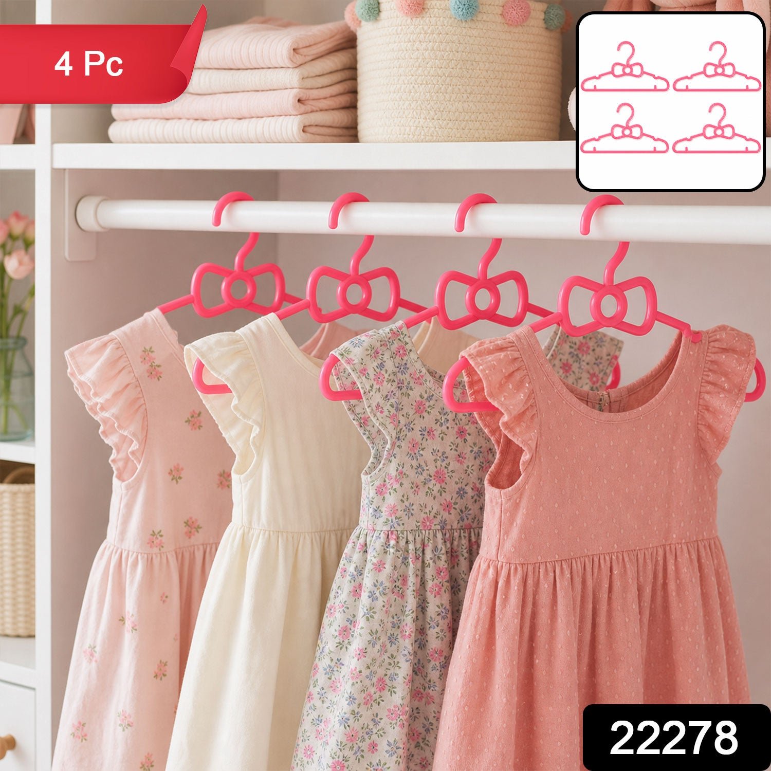 Kids Plastic Clothes Hangers Set of 4 Cute Bow Design Baby Wardrobe (4 Pc Set) - Image 2