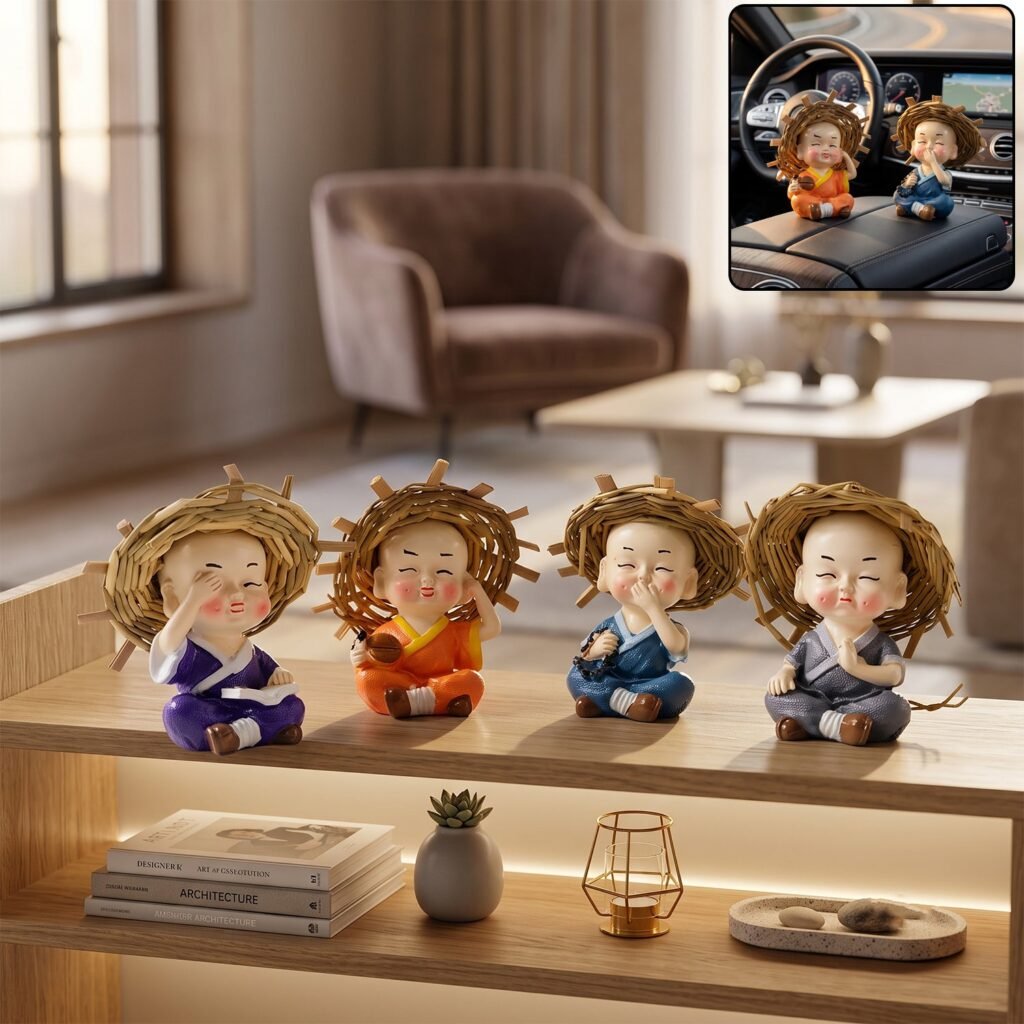 Baby Monk Buddha Decorative Figurine Set for Car Dashboard and Home Decor (4 Pc)