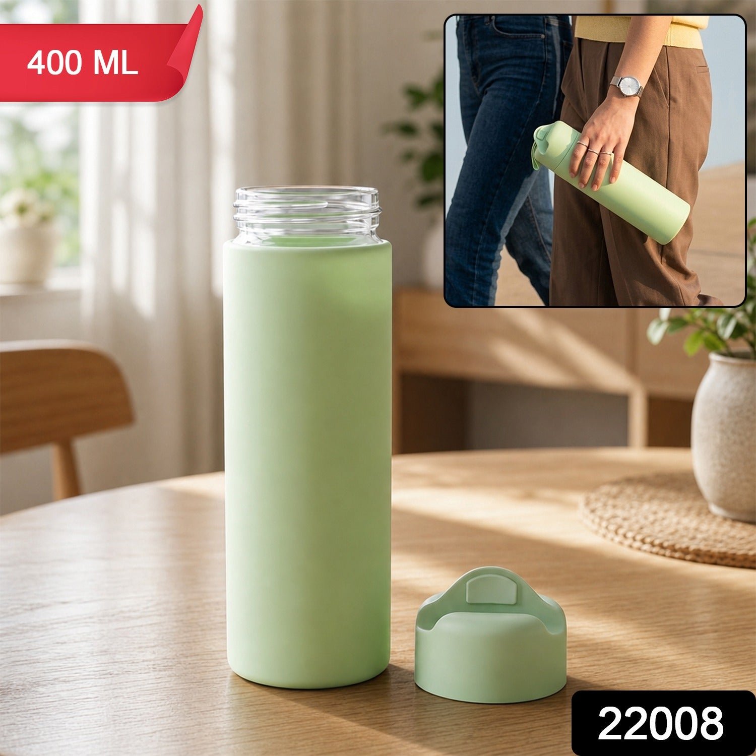 400 ML Glass Travel Water Bottle with Silicone Sleeve for Travellers (1 Pc) - Image 2