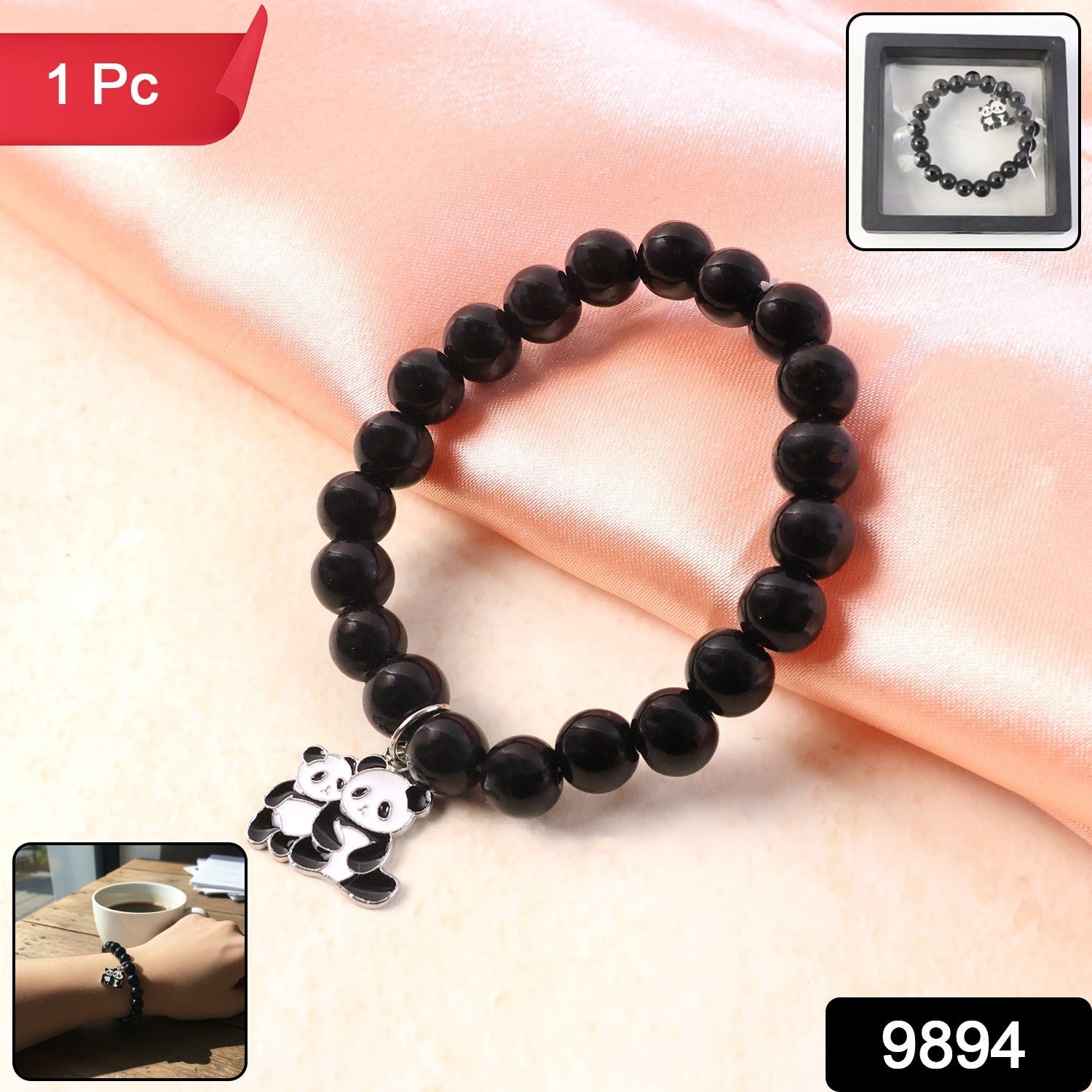 Black Beaded Stretch Bracelet – Cute Panda Charm Accessory - Image 3