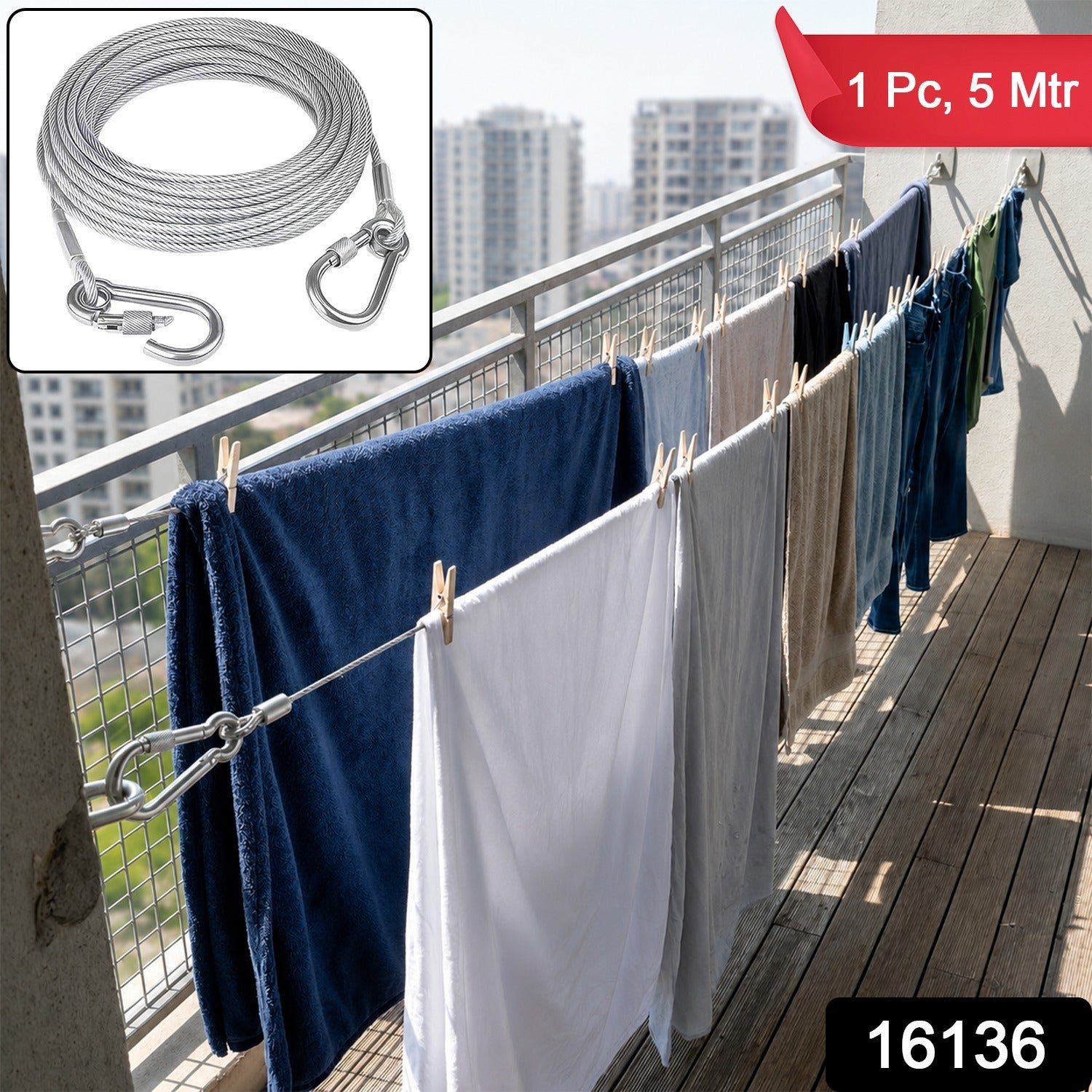Heavy Duty Steel Clothesline – 5 Meter Wire Rope with Carabiner Hooks - Image 2