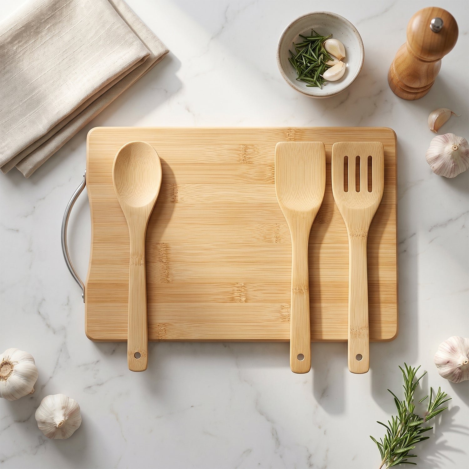 Wooden Cutting Board Combo Set with Bamboo Spoon Spatula and Turner (4 Pc Set) - Image 4