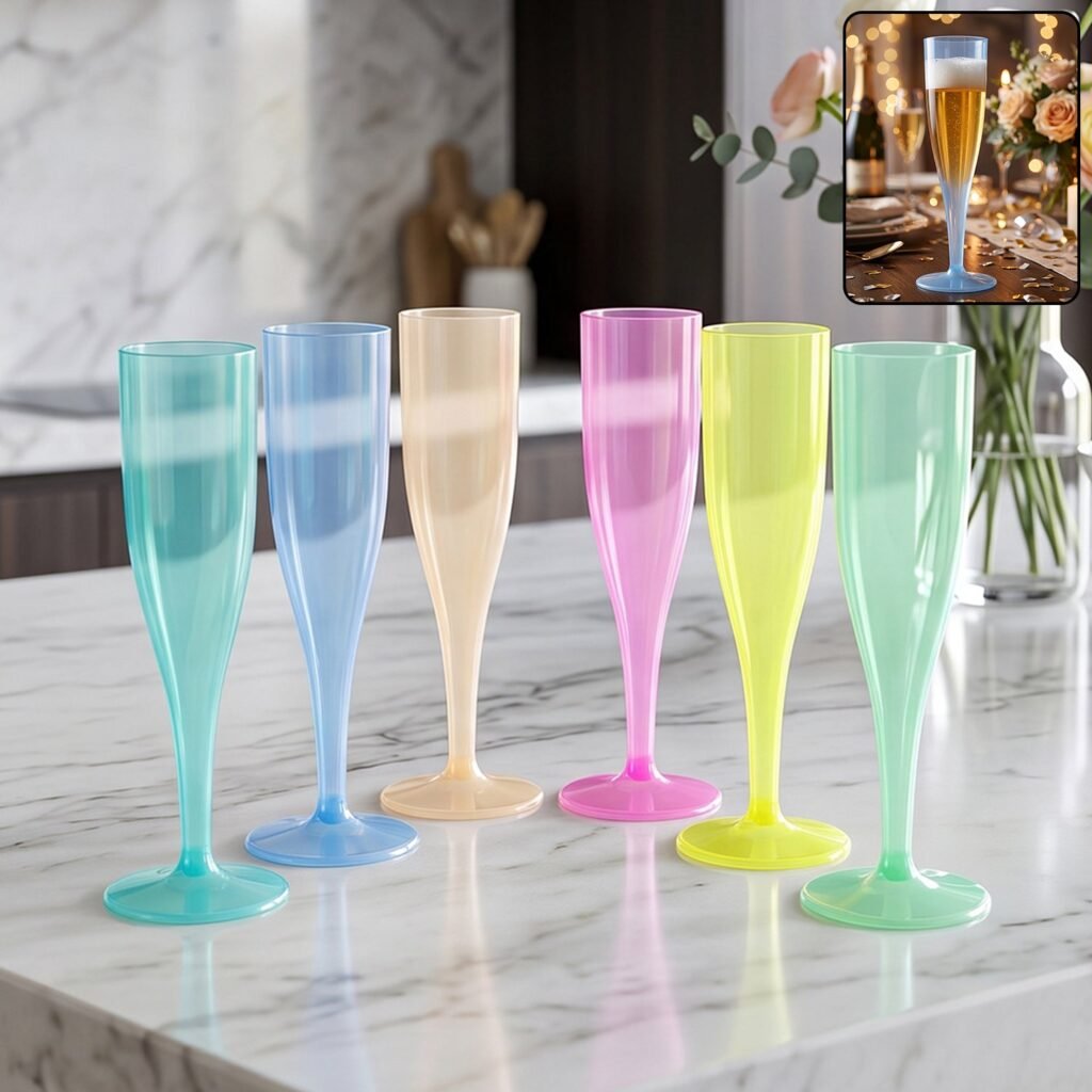 Reusable Plastic Champagne Flutes Wine Glasses Set Assorted Colours (6 Pc Set)