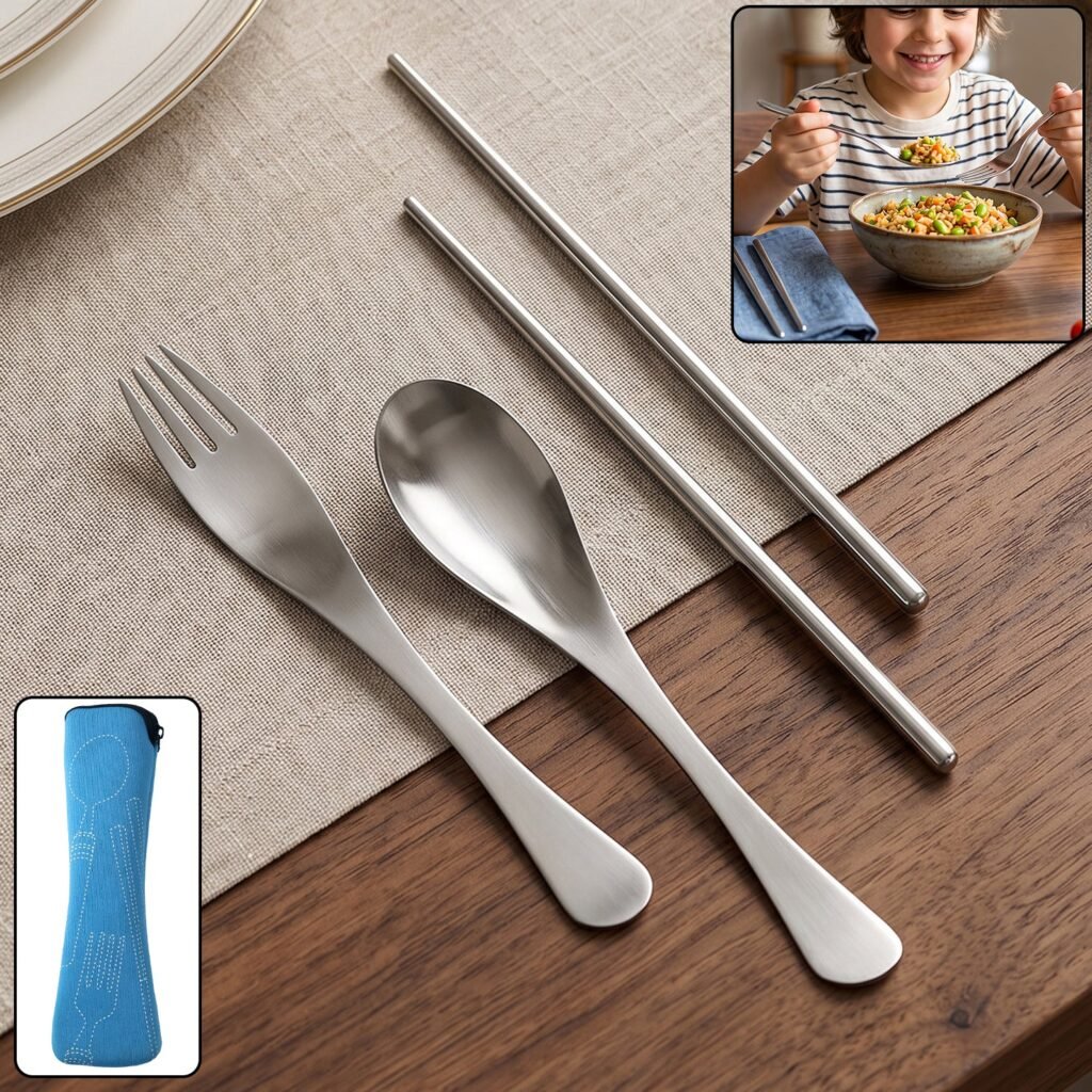 4-in-1 Portable Cutlery Set with Pouch, Steel Spoon Fork and Chopsticks (1 Set)