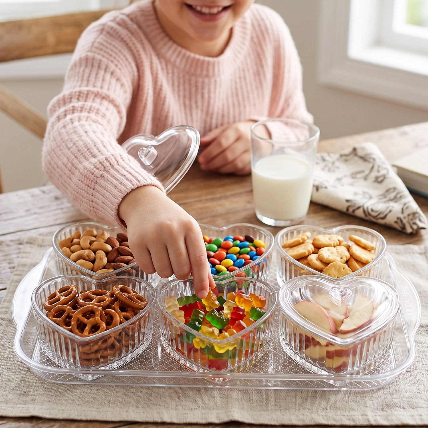 Heart Shape Dessert Bowl Set 6 Pc with Tray and Lids Serving Bowls (6 Pc Set) - Image 3