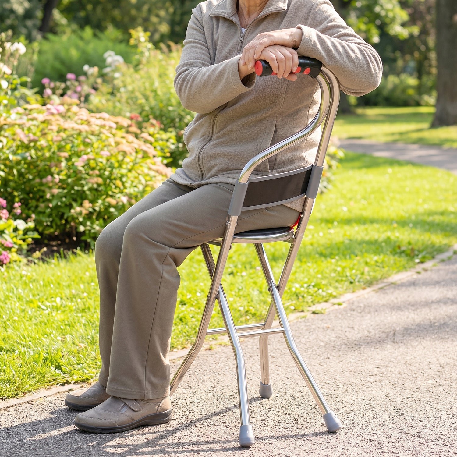 Folding Walking Stick with Seat and Backrest 4 Leg Cane Stool Chair (1 Pc) - Image 4