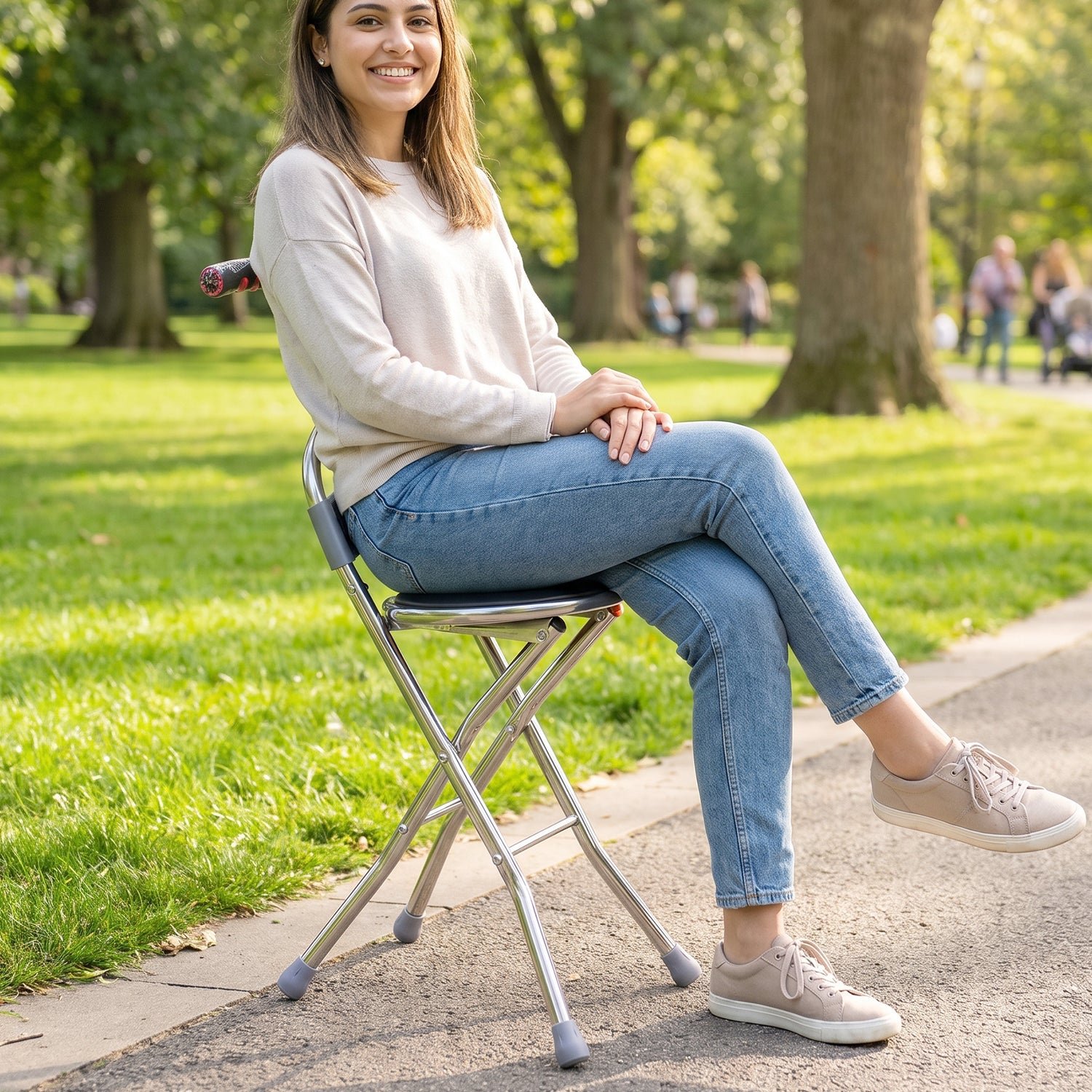Folding Walking Stick with Seat and Backrest 4 Leg Cane Stool Chair (1 Pc) - Image 3