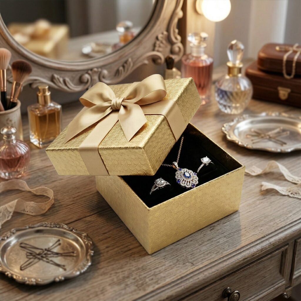 Luxury gold gift hamper box filled with elegant jewelry, tied with a satin bow