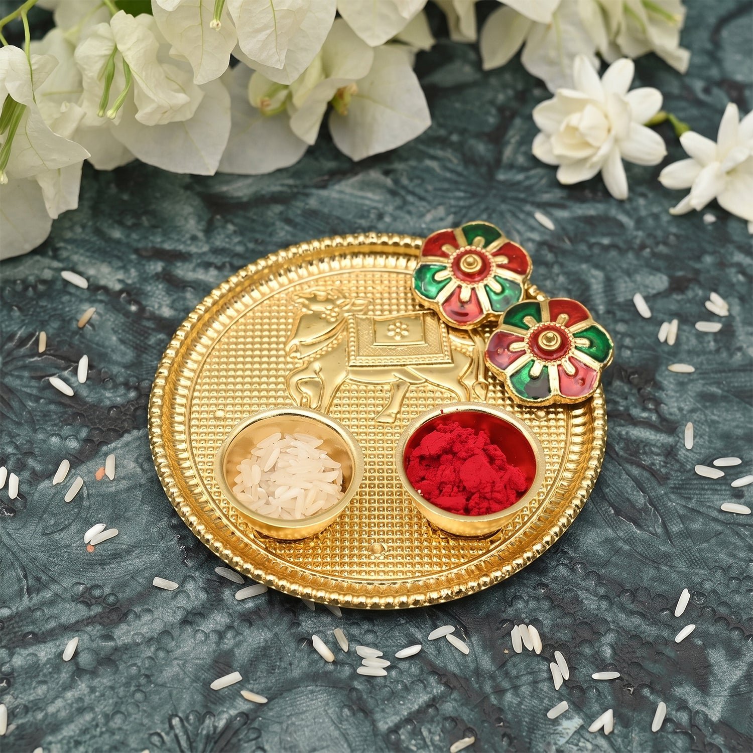 Cow Design Kankavati Kumkum Holder, Golden Pooja Thali with Compartments (1 Pc) - Image 3