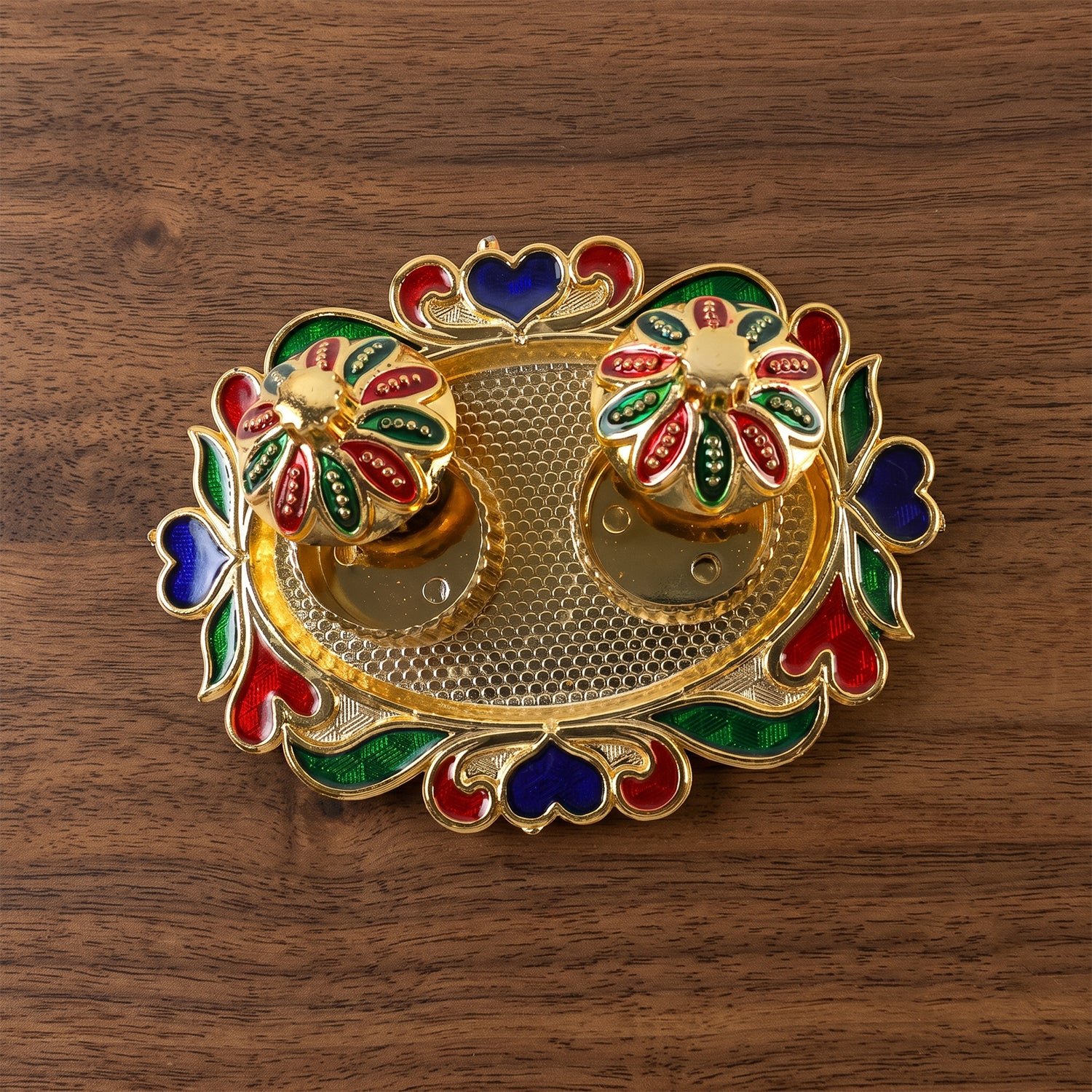 Decorative Kankavati Kumkum Holder, Golden Enamel Pooja Thali with Bowls (1 Pc) - Image 3