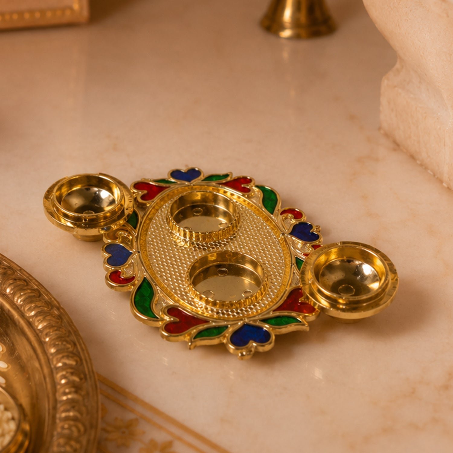Decorative Kankavati Kumkum Holder, Golden Enamel Pooja Thali with Bowls (1 Pc) - Image 4