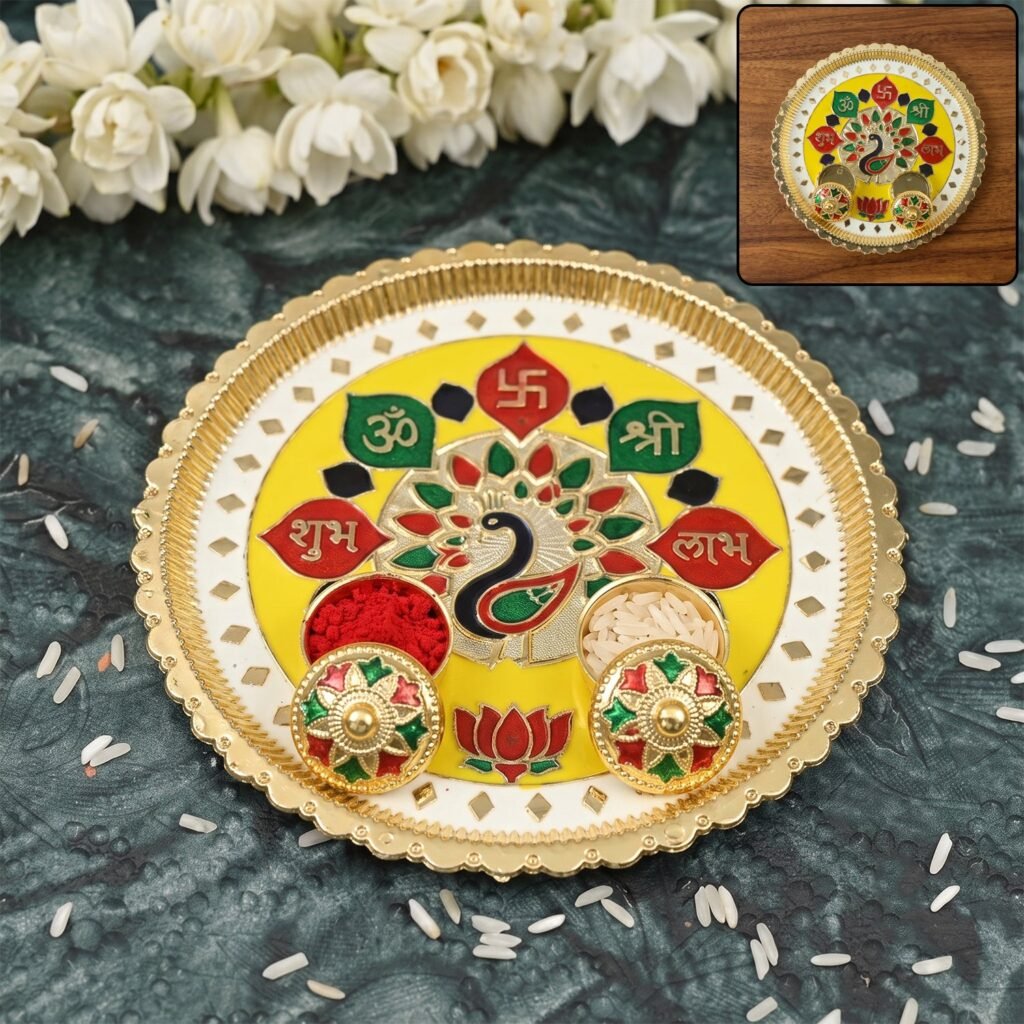 Big Decorative Pooja Thali, Golden Meenakari Puja Plate with Kumkum Bowls (1 Pc)