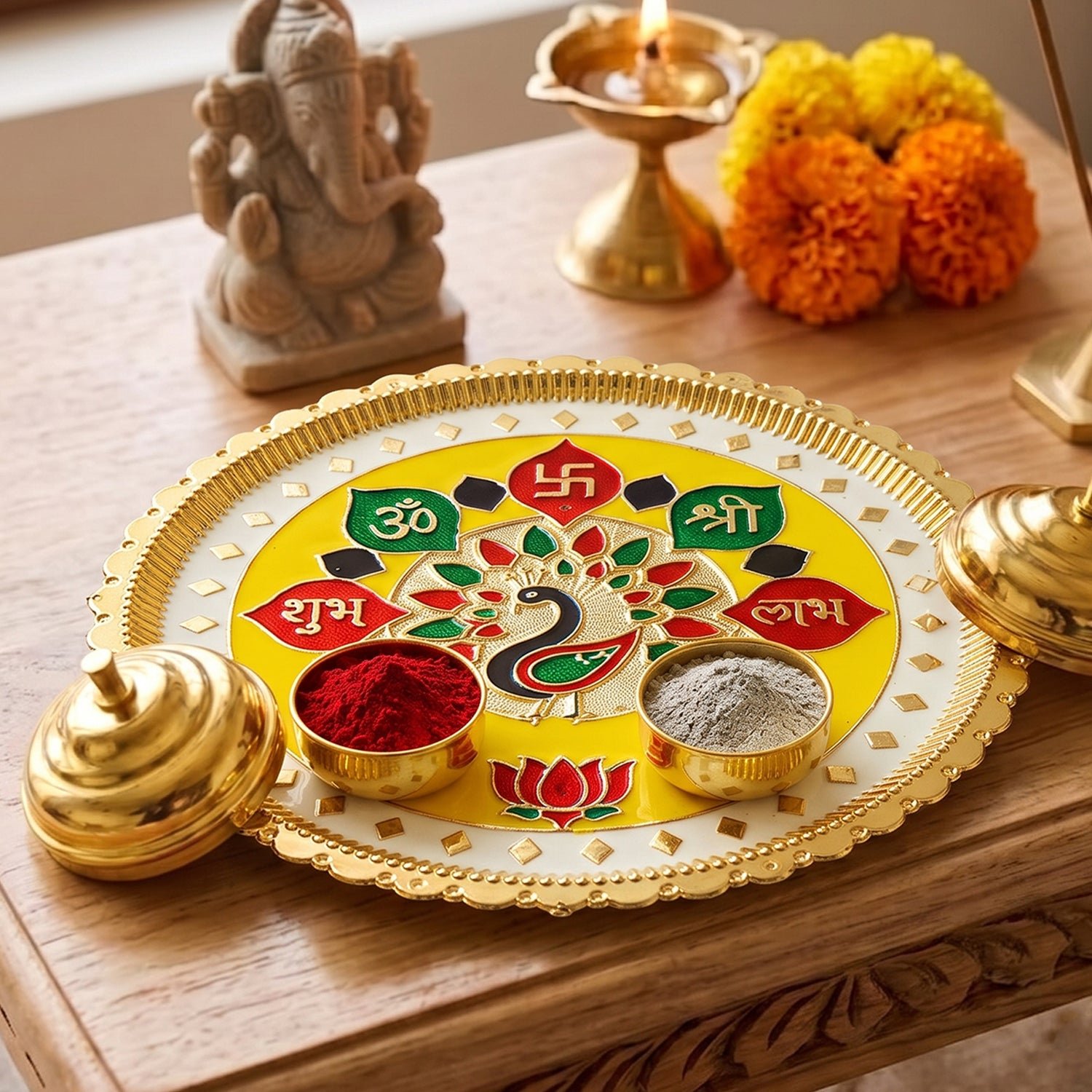 Big Decorative Pooja Thali, Golden Meenakari Puja Plate with Kumkum Bowls (1 Pc) - Image 3