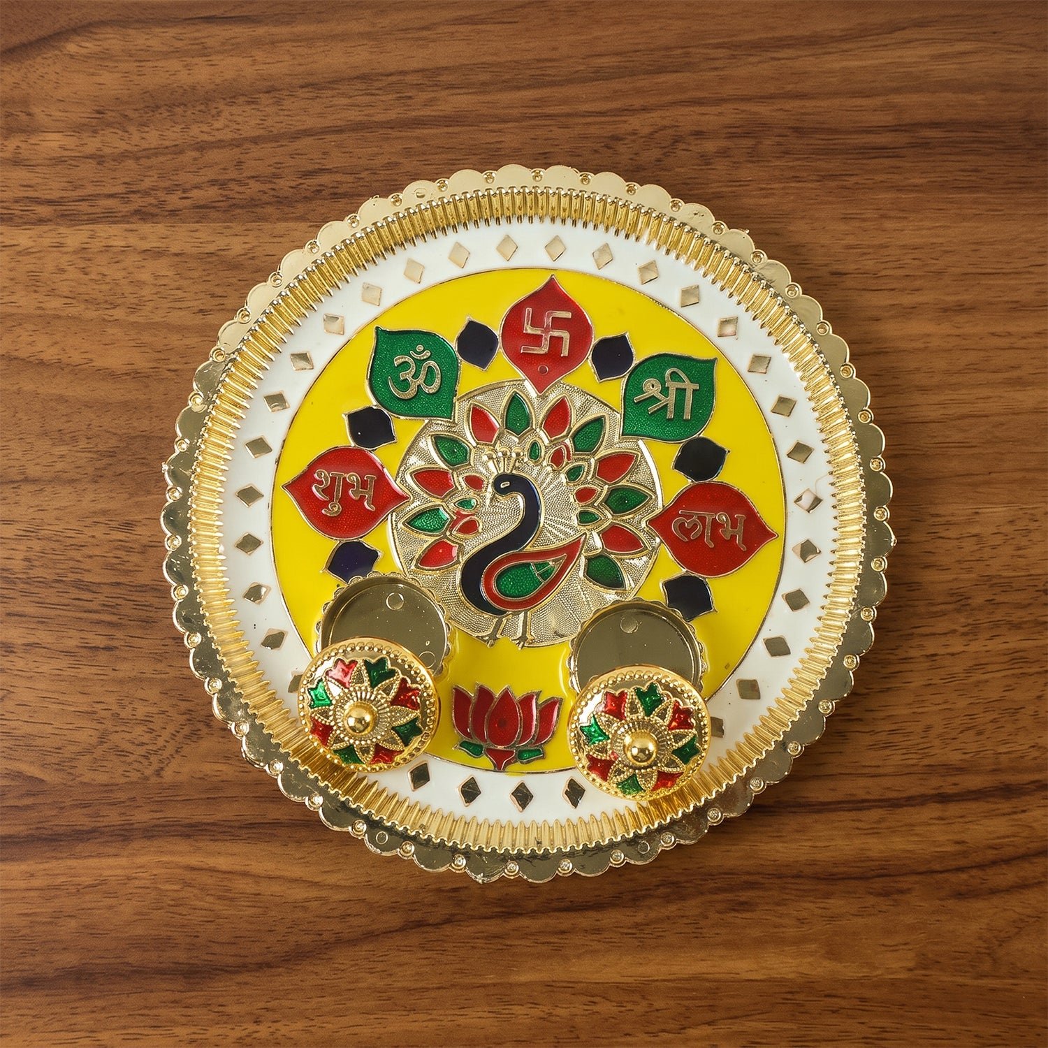 Big Decorative Pooja Thali, Golden Meenakari Puja Plate with Kumkum Bowls (1 Pc) - Image 4