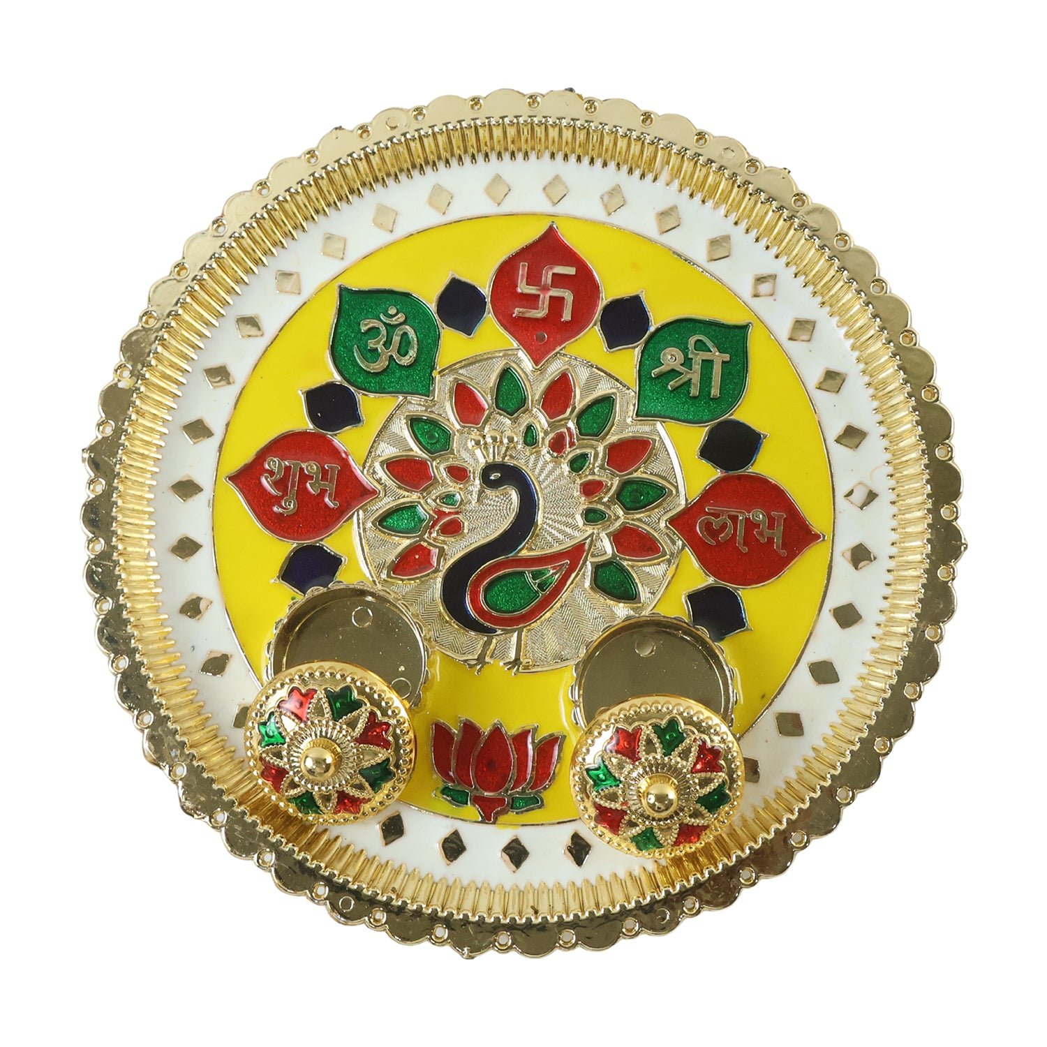 Big Decorative Pooja Thali, Golden Meenakari Puja Plate with Kumkum Bowls (1 Pc) - Image 5