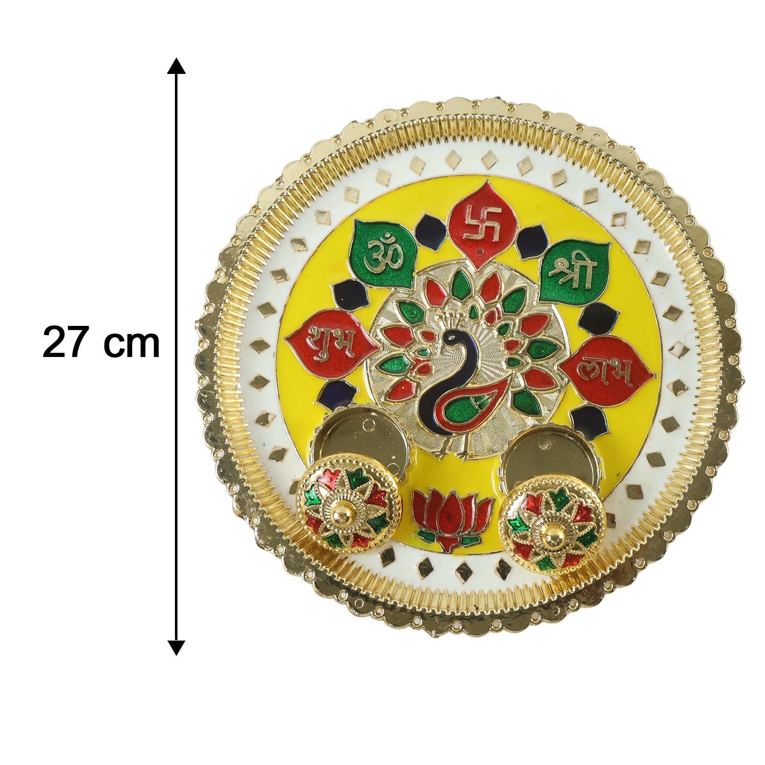 Big Decorative Pooja Thali, Golden Meenakari Puja Plate with Kumkum Bowls (1 Pc) - Image 6