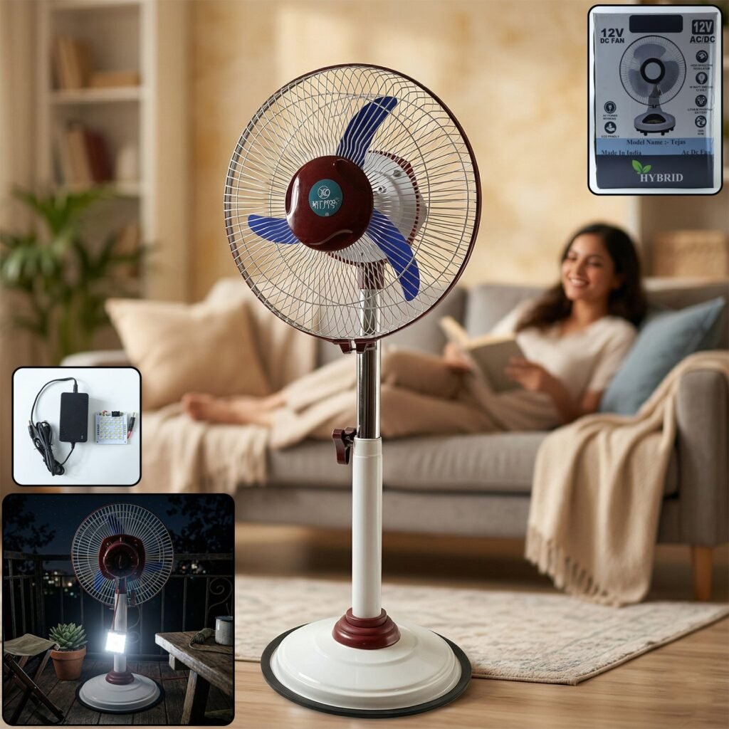 Pedestal Fan – Adjustable Height with LED Light & Rechargeable Power