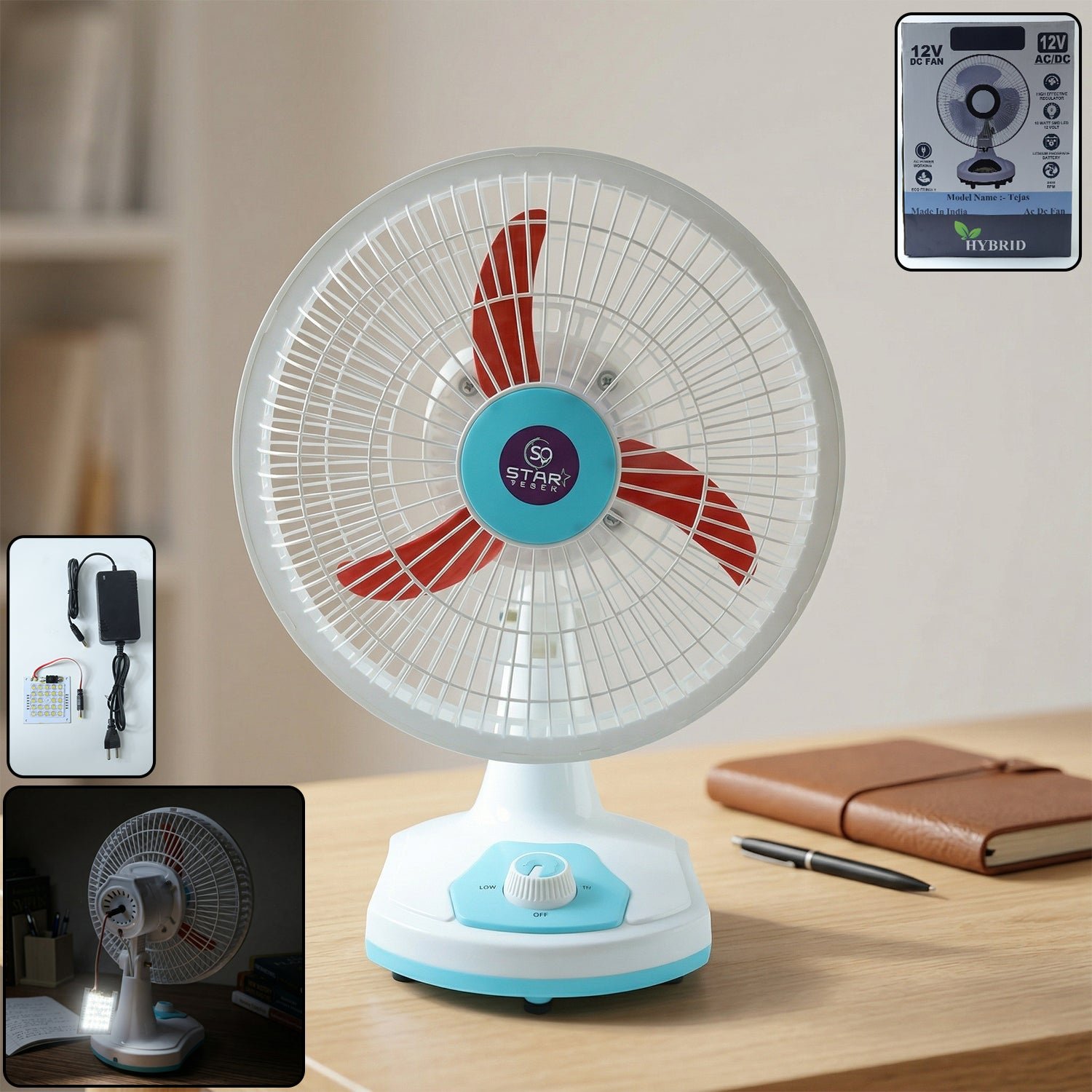 Rechargeable Table Fan – Portable with LED Light & Dual Power