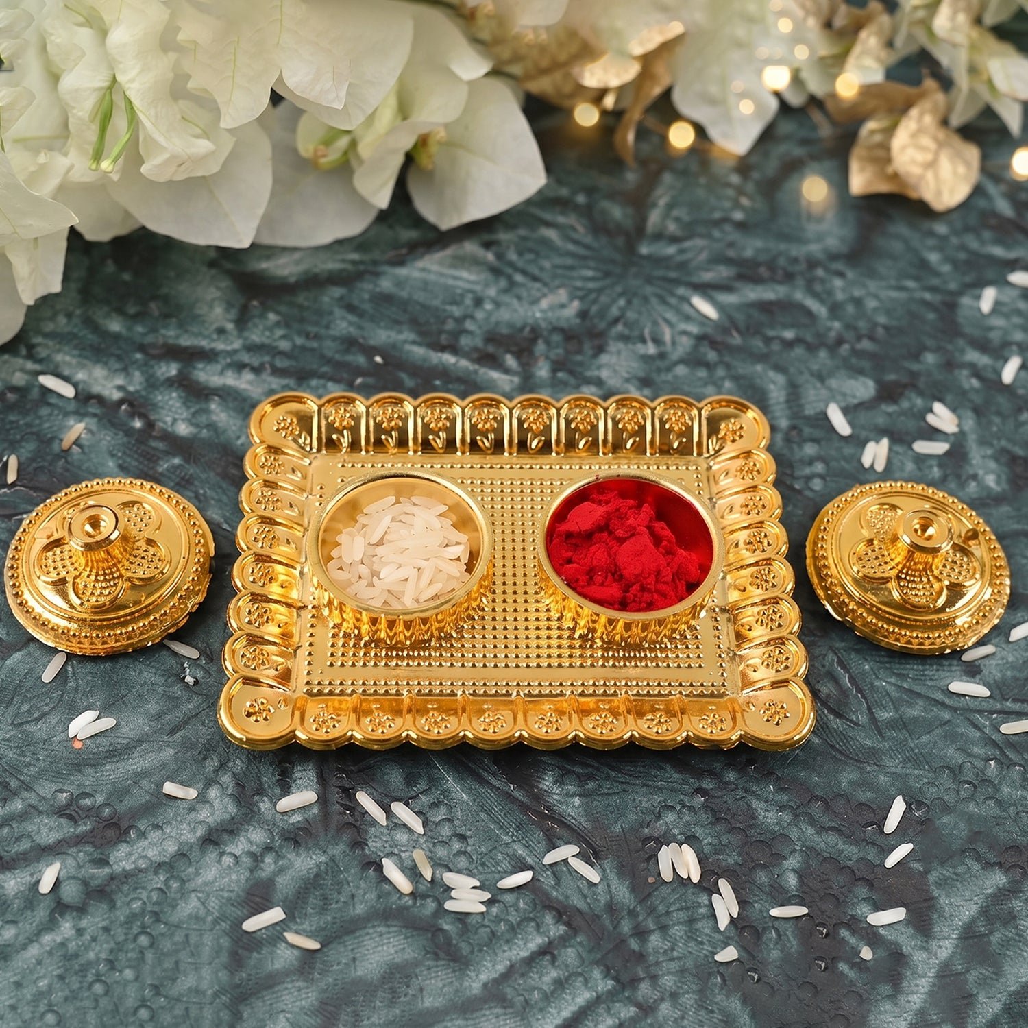 Kumkum Holder – Elegant Golden Floral Pooja Accessories - Image 3