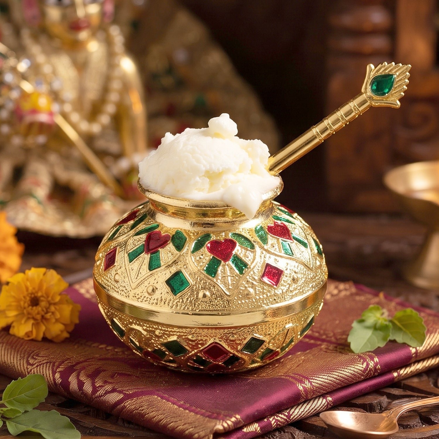 Laddu Gopal Makhan Matki with Spoon Set Decorative Pooja Pot (2 Pc Set) - Image 3