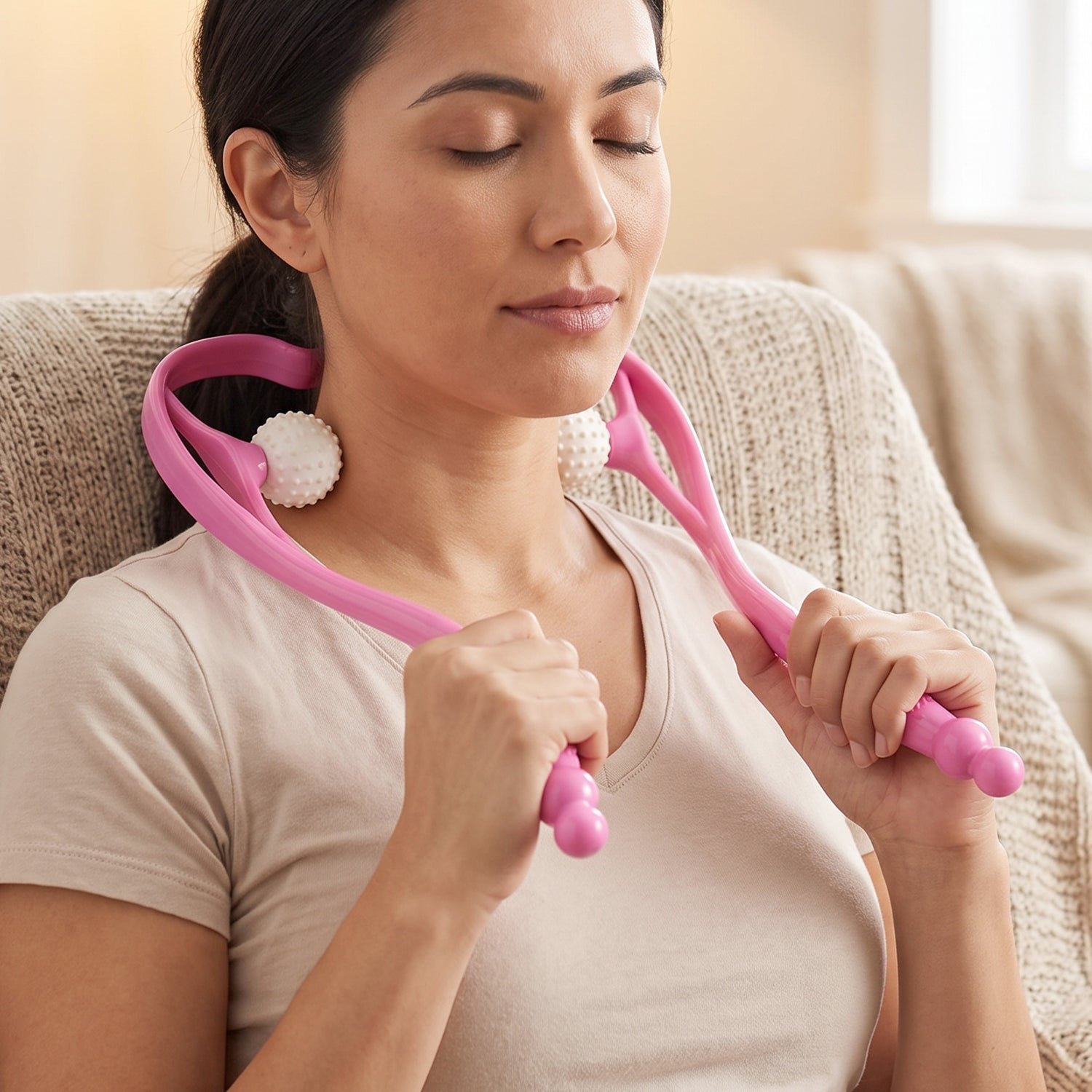 Manual Pink Neck Shoulder Massager with Spiky Ball for Pain Relief (1 Pc) - Image 3