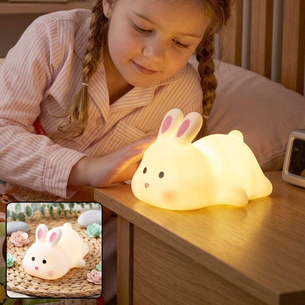 Rabbit LED Night Light, Cute Silicone Bunny Bedside Lamp for Kids (1 Pc)