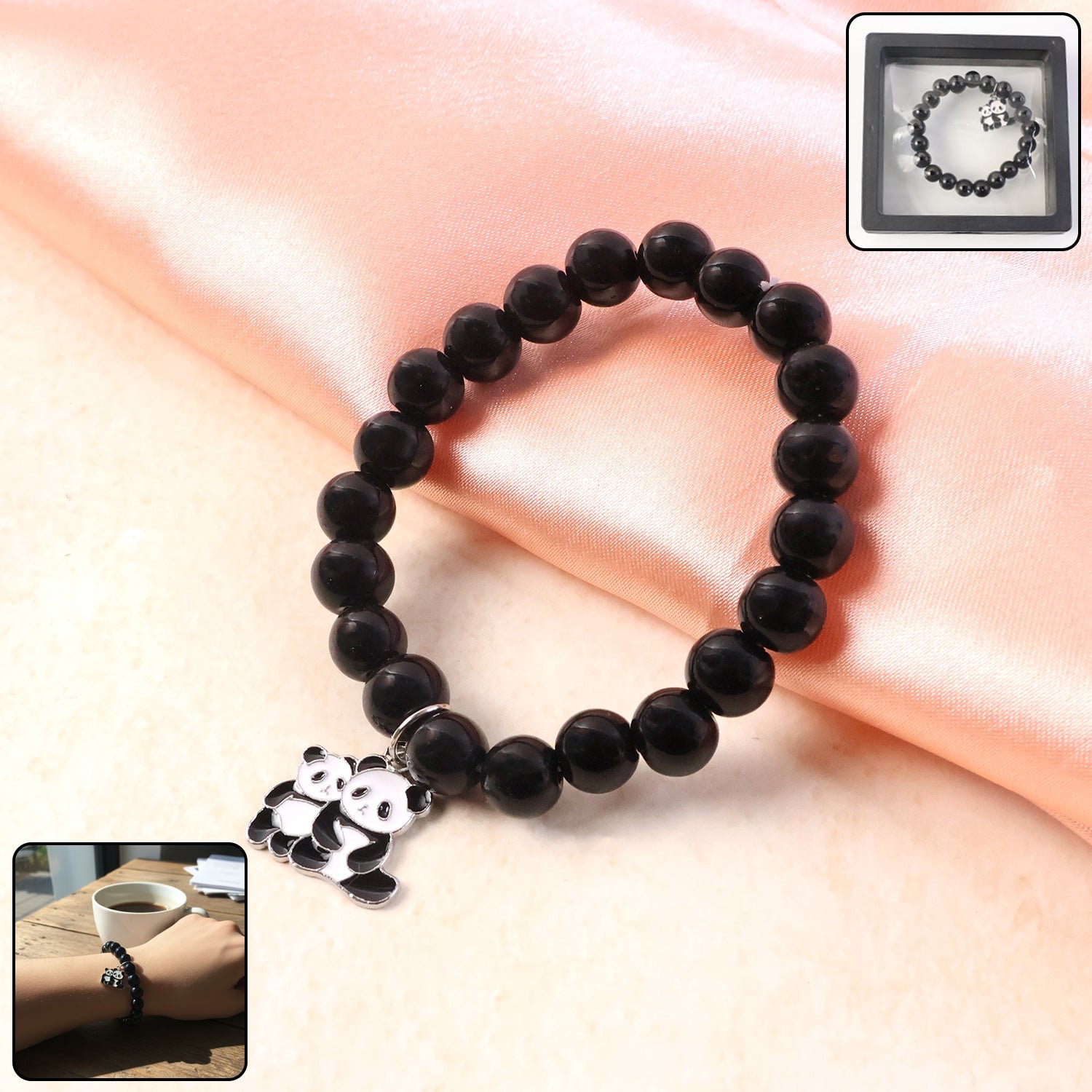 Black Beaded Stretch Bracelet – Cute Panda Charm Accessory - Image 2