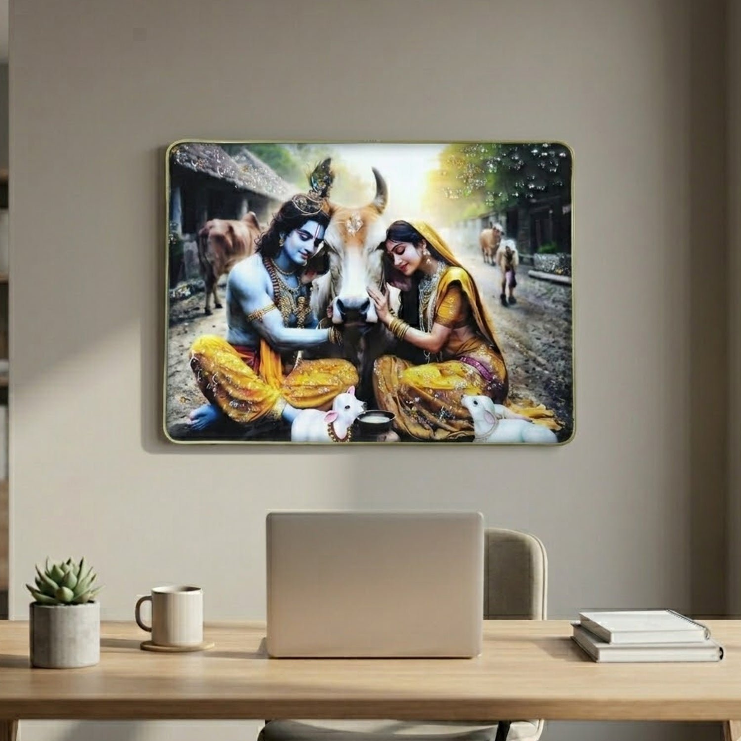 Radha Krishna Village Scene Wall Frame – Peaceful & Elegant Decor - Image 3
