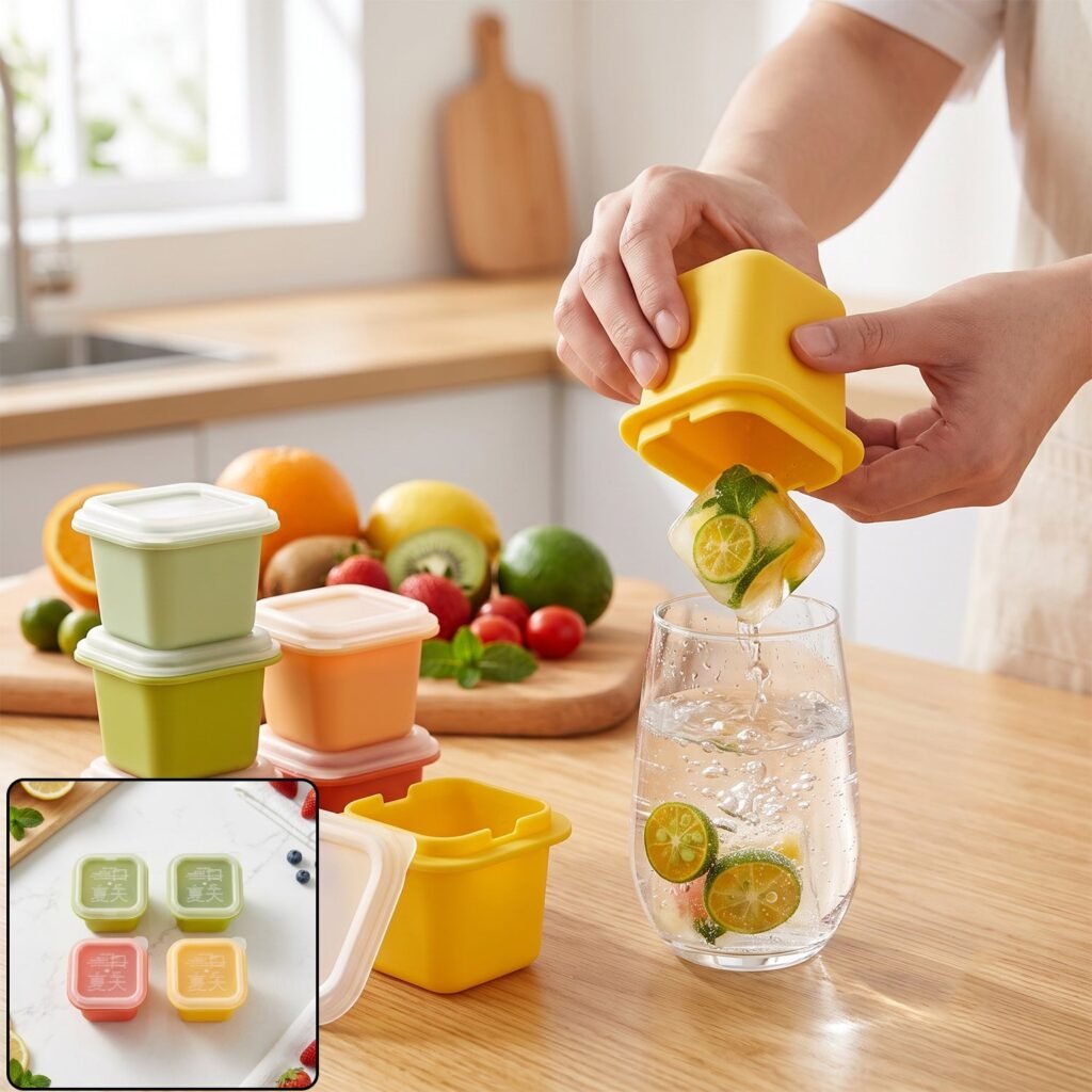 Square Ice Cube Mould Set with Lids Multicolor for Drinks and Cocktails (4 Pc)